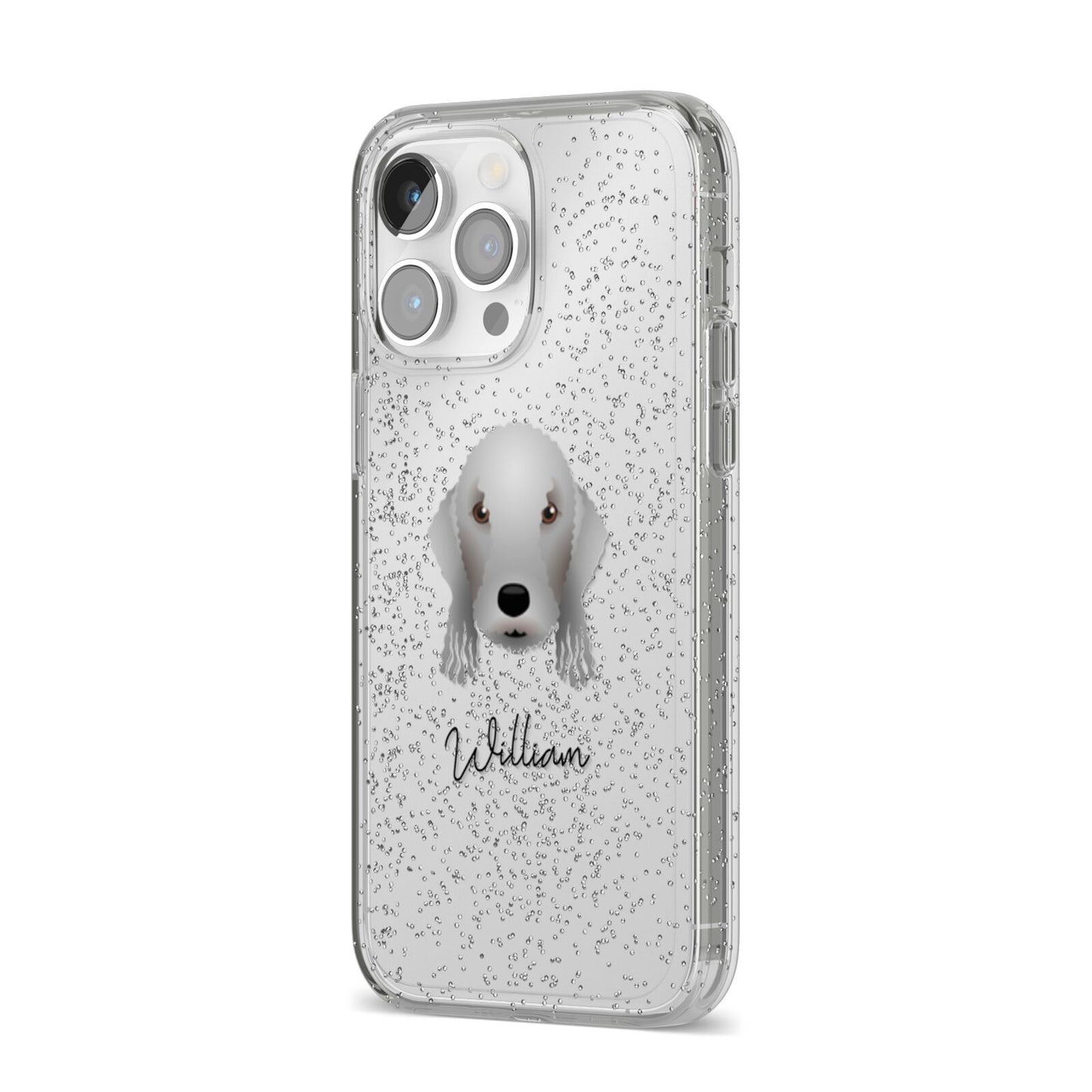 Bedlington Terrier Personalised iPhone 14 Pro Max Glitter Tough Case Silver Angled Image