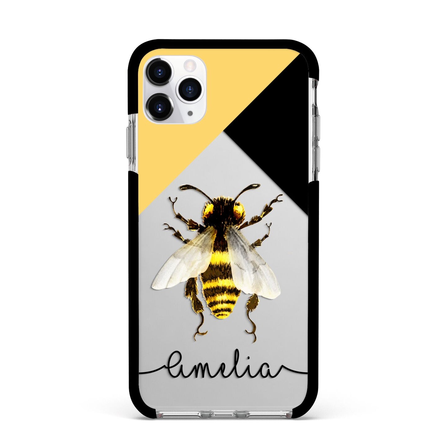 Bee Asymmetrical Background and Name Apple iPhone 11 Pro Max in Silver with Black Impact Case