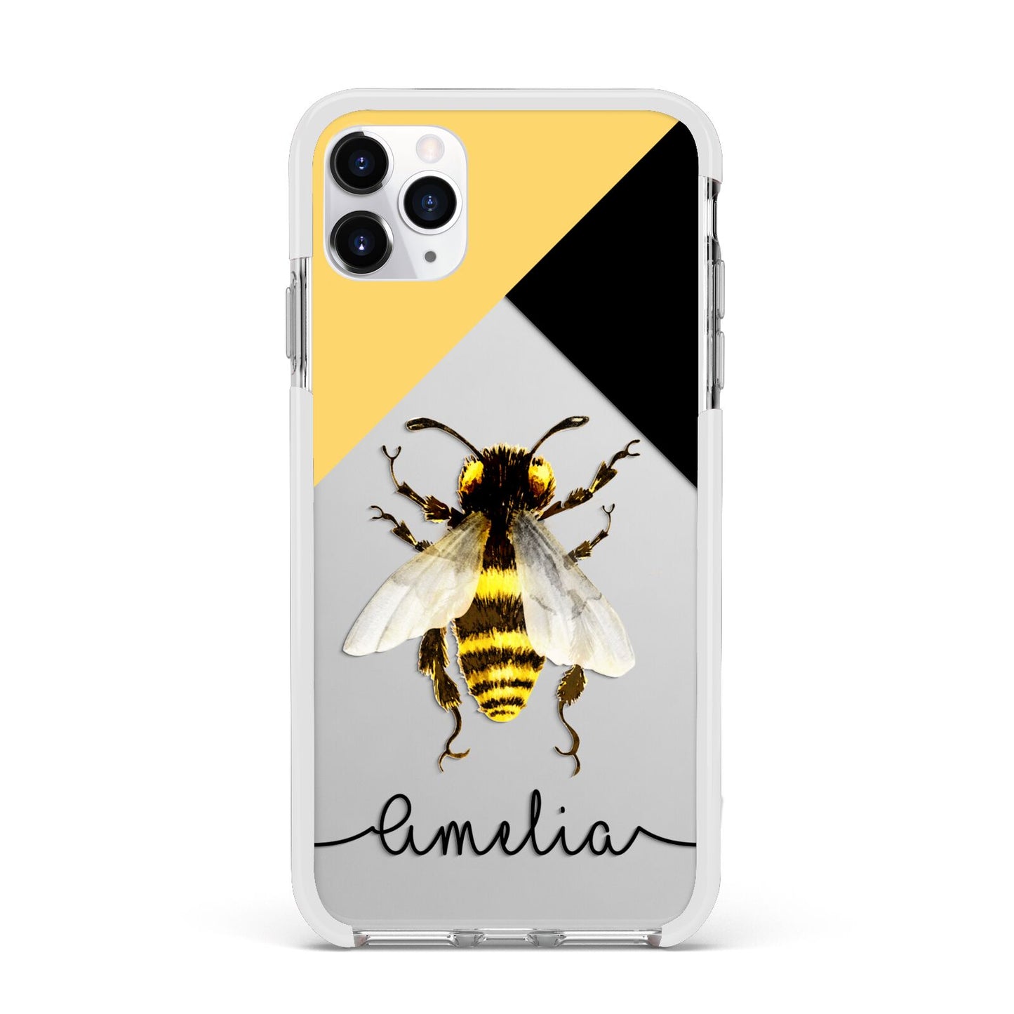 Bee Asymmetrical Background and Name Apple iPhone 11 Pro Max in Silver with White Impact Case