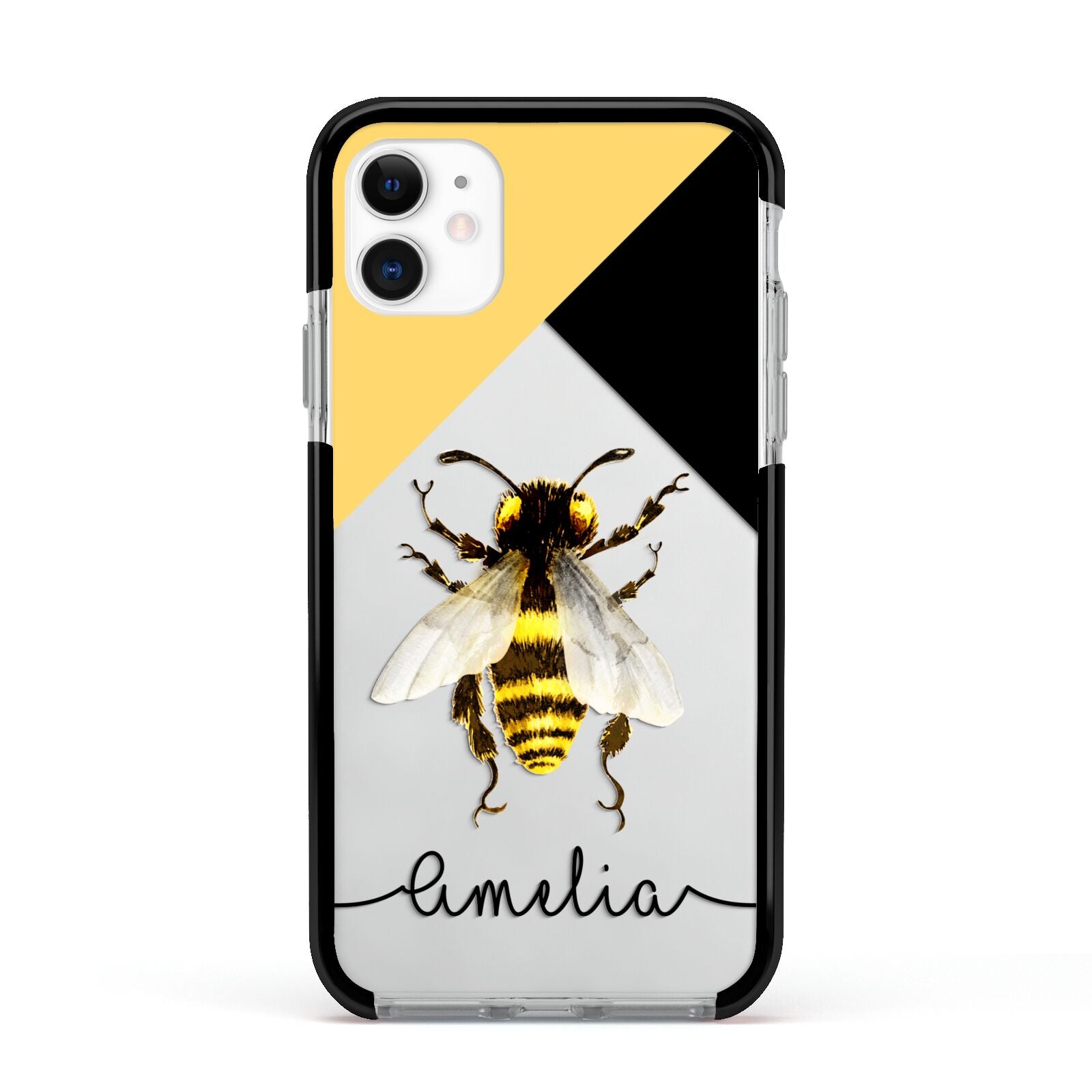 Bee Asymmetrical Background and Name Apple iPhone 11 in White with Black Impact Case