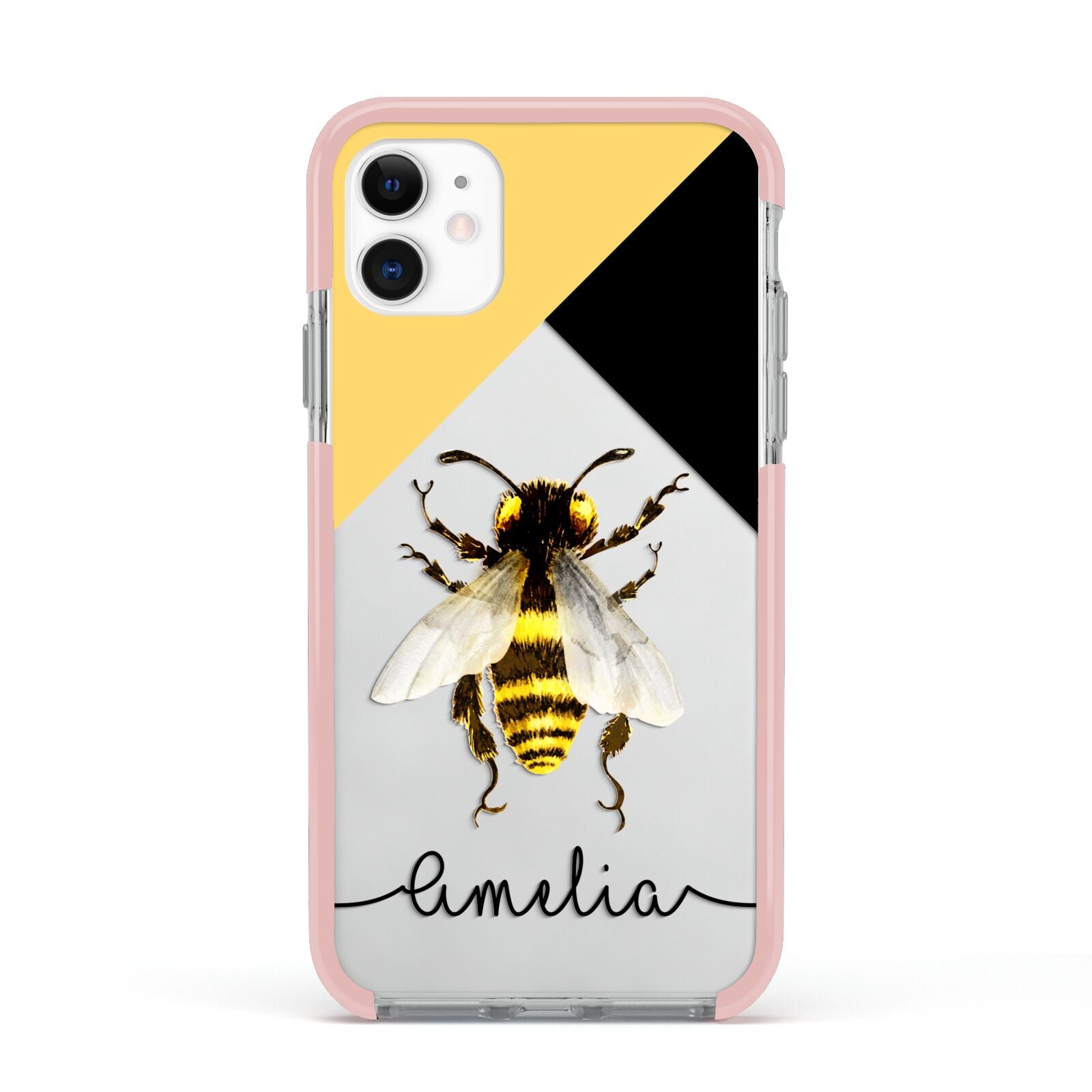 Bee Asymmetrical Background and Name Apple iPhone 11 in White with Pink Impact Case