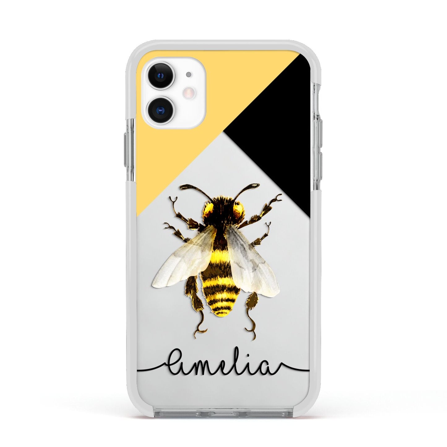 Bee Asymmetrical Background and Name Apple iPhone 11 in White with White Impact Case