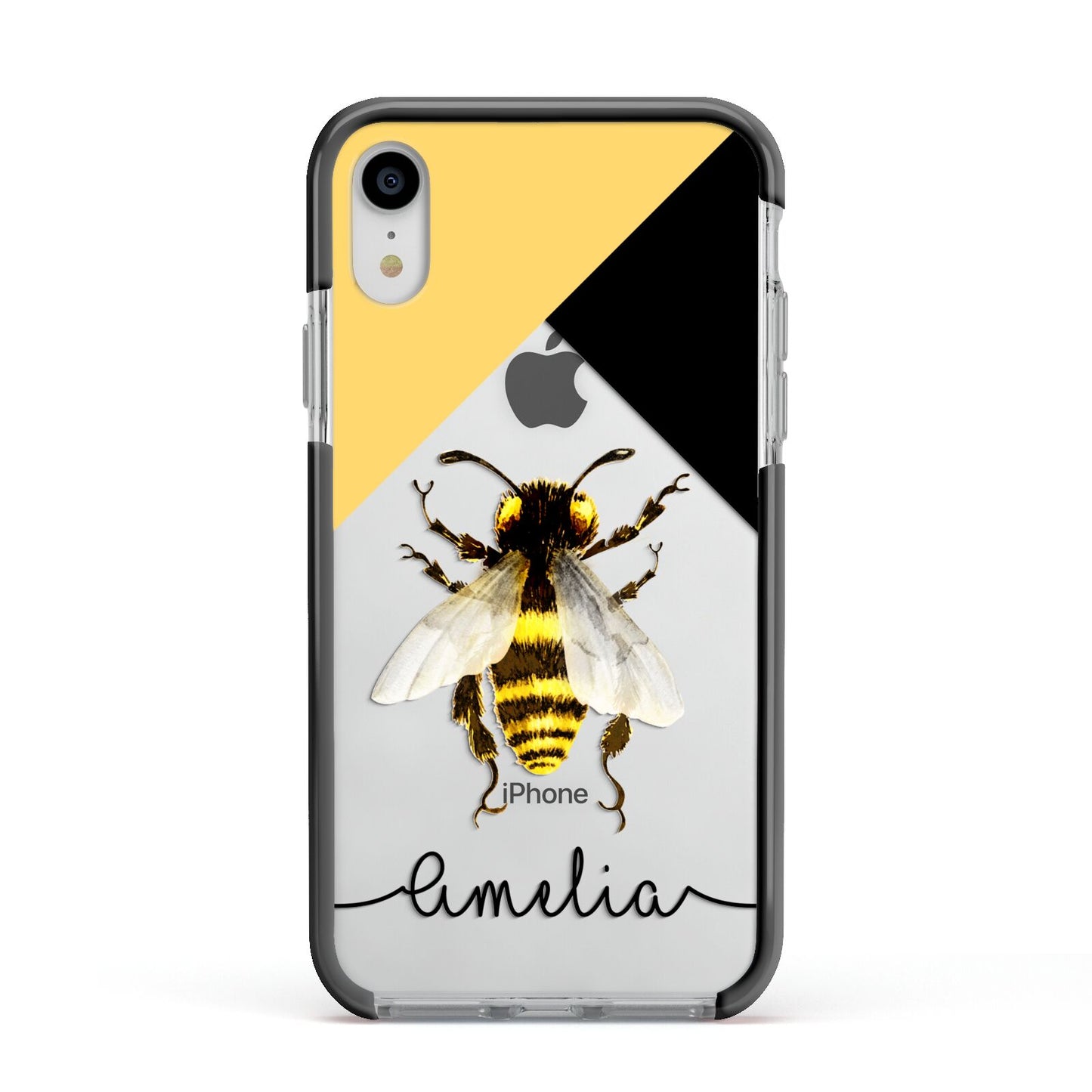 Bee Asymmetrical Background and Name Apple iPhone XR Impact Case Black Edge on Silver Phone