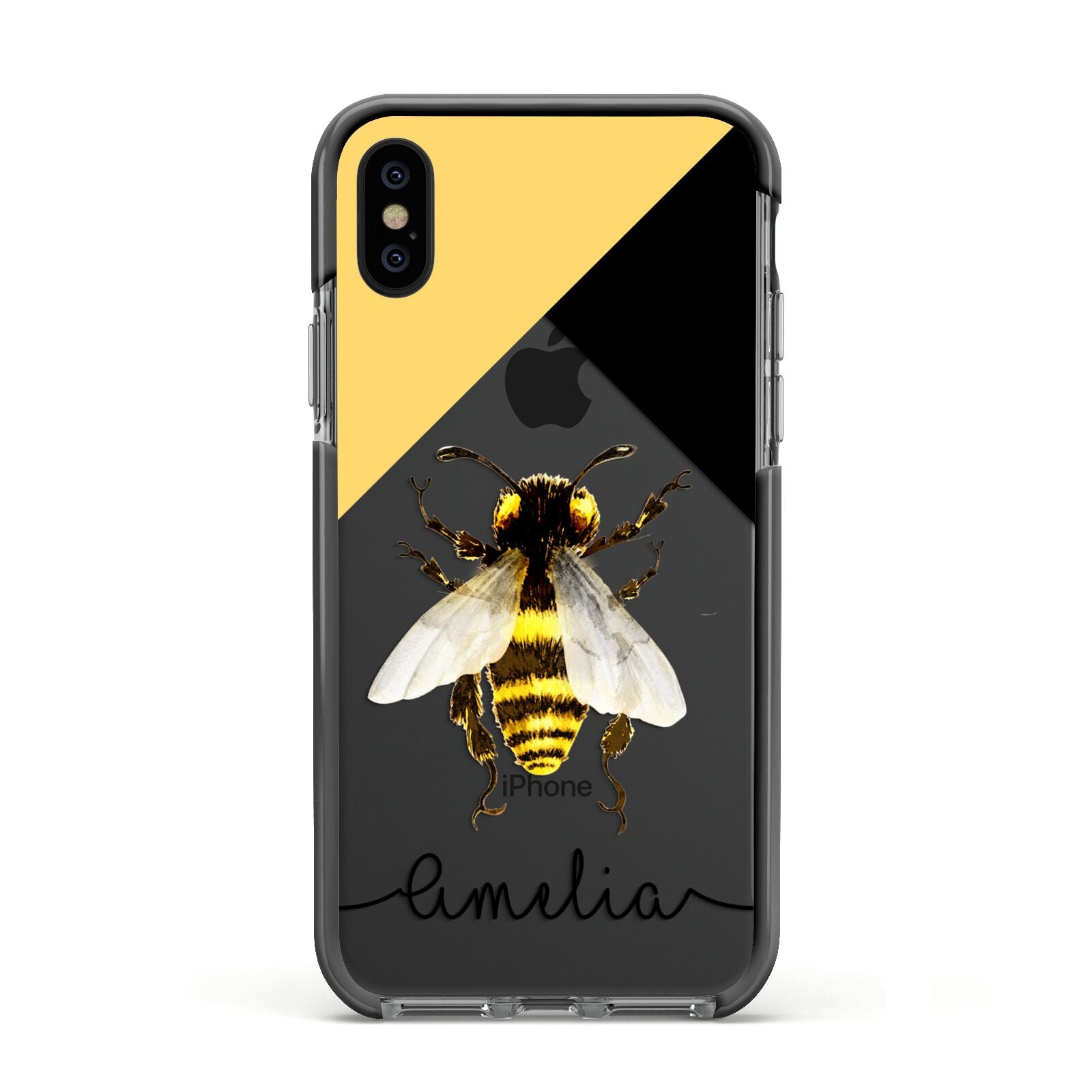 Bee Asymmetrical Background and Name Apple iPhone Xs Impact Case Black Edge on Black Phone