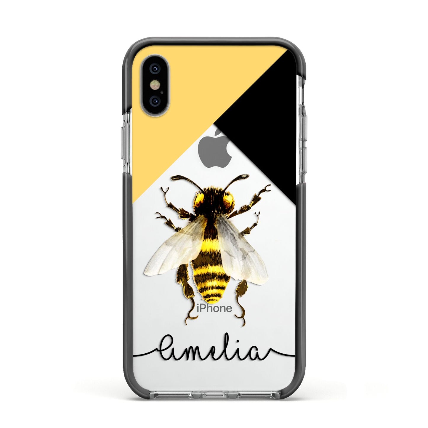 Bee Asymmetrical Background and Name Apple iPhone Xs Impact Case Black Edge on Silver Phone