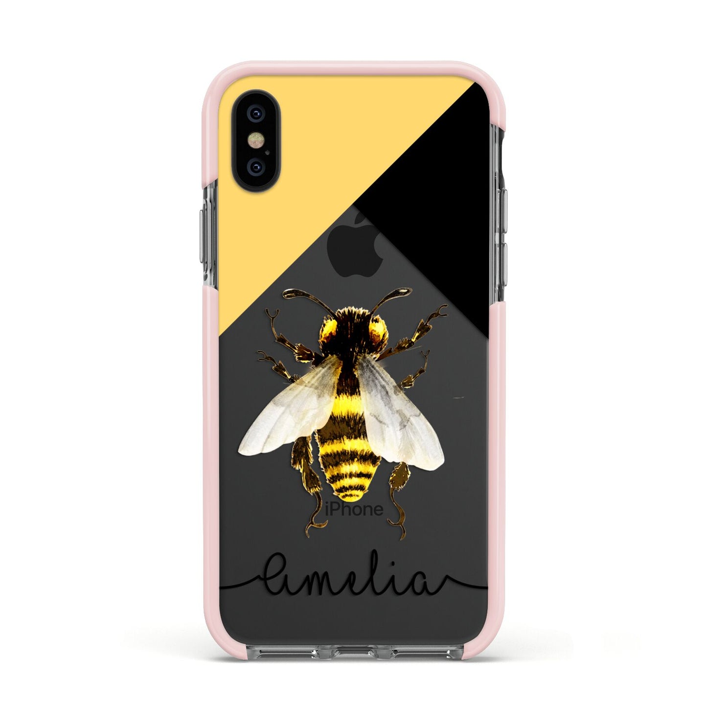 Bee Asymmetrical Background and Name Apple iPhone Xs Impact Case Pink Edge on Black Phone