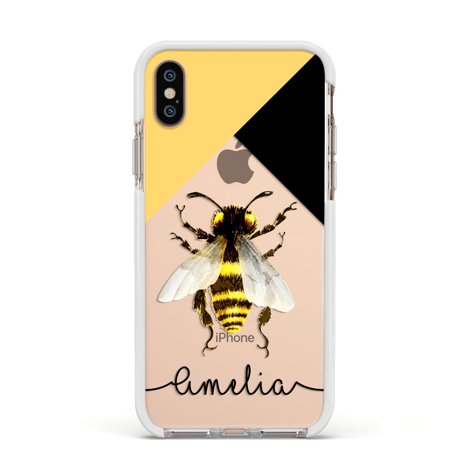 Bee Asymmetrical Background and Name Apple iPhone Xs Impact Case White Edge on Gold Phone