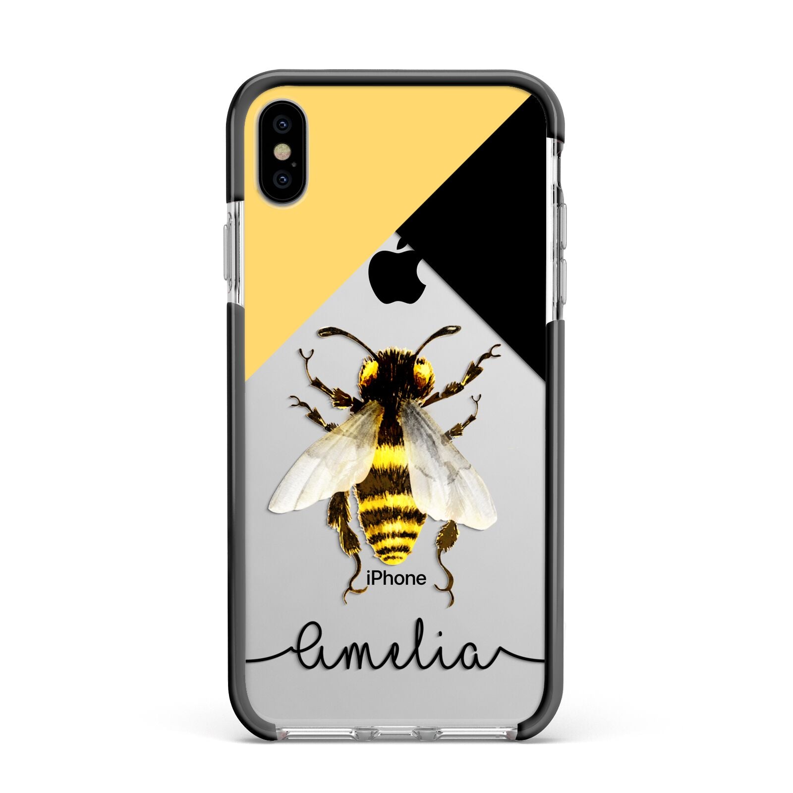 Bee Asymmetrical Background and Name Apple iPhone Xs Max Impact Case Black Edge on Silver Phone