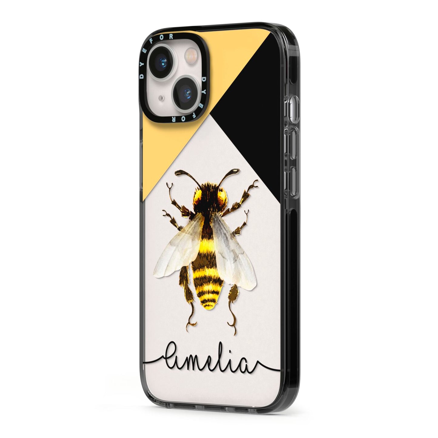 Bee Asymmetrical Background and Name iPhone 13 Black Impact Case Side Angle on Silver phone