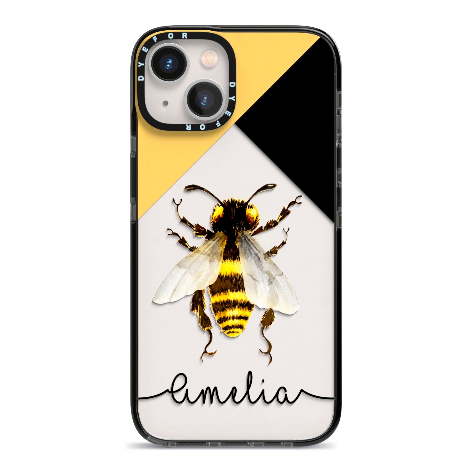 Bee Asymmetrical Background and Name iPhone 13 Black Impact Case on Silver phone