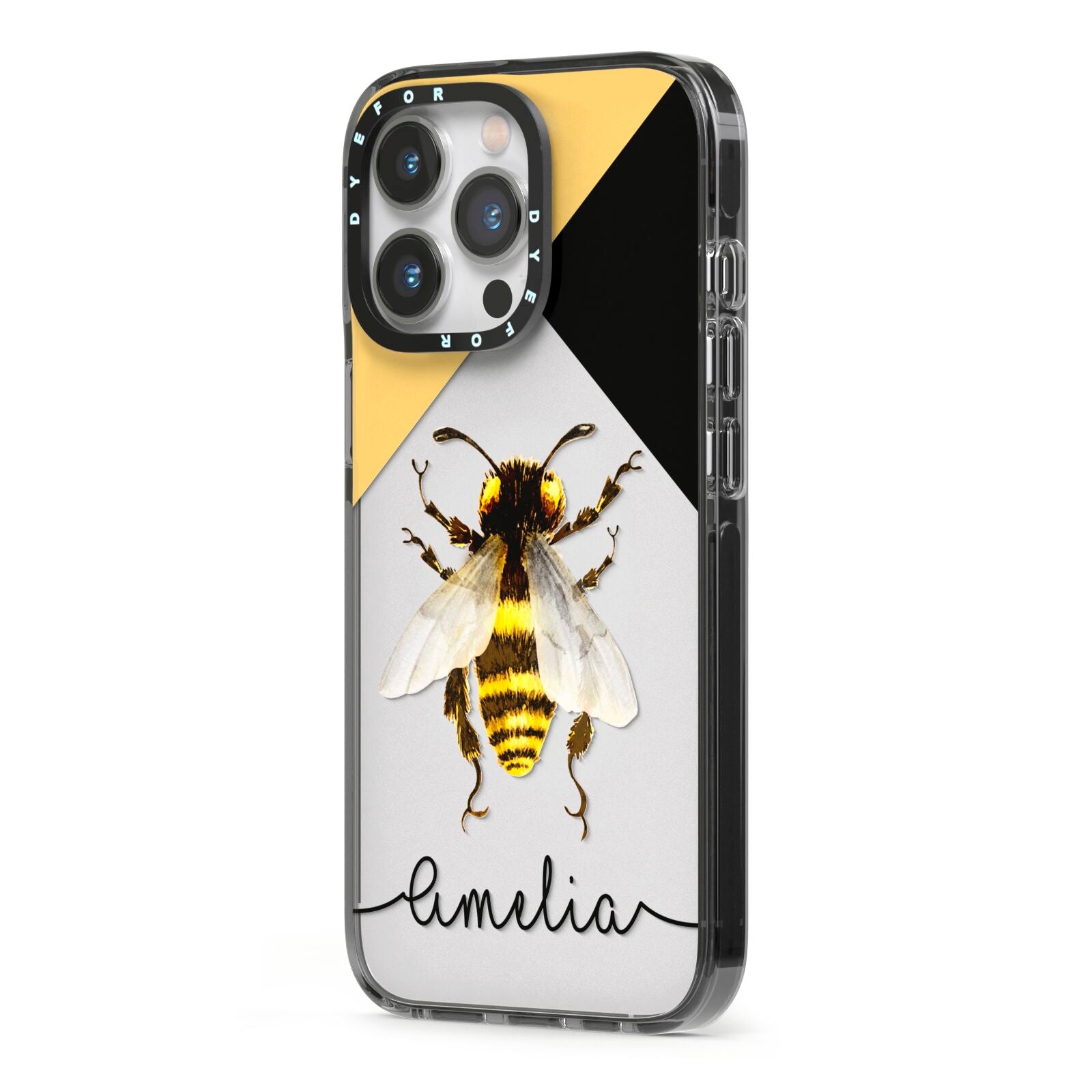 Bee Asymmetrical Background and Name iPhone 13 Pro Black Impact Case Side Angle on Silver phone