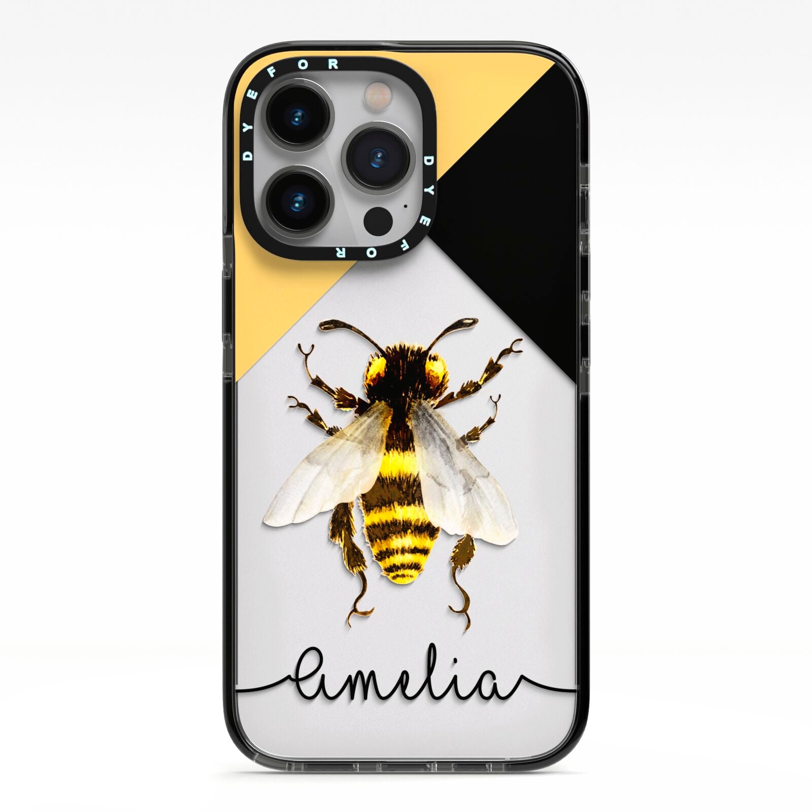 Bee Asymmetrical Background and Name iPhone 13 Pro Black Impact Case on Silver phone