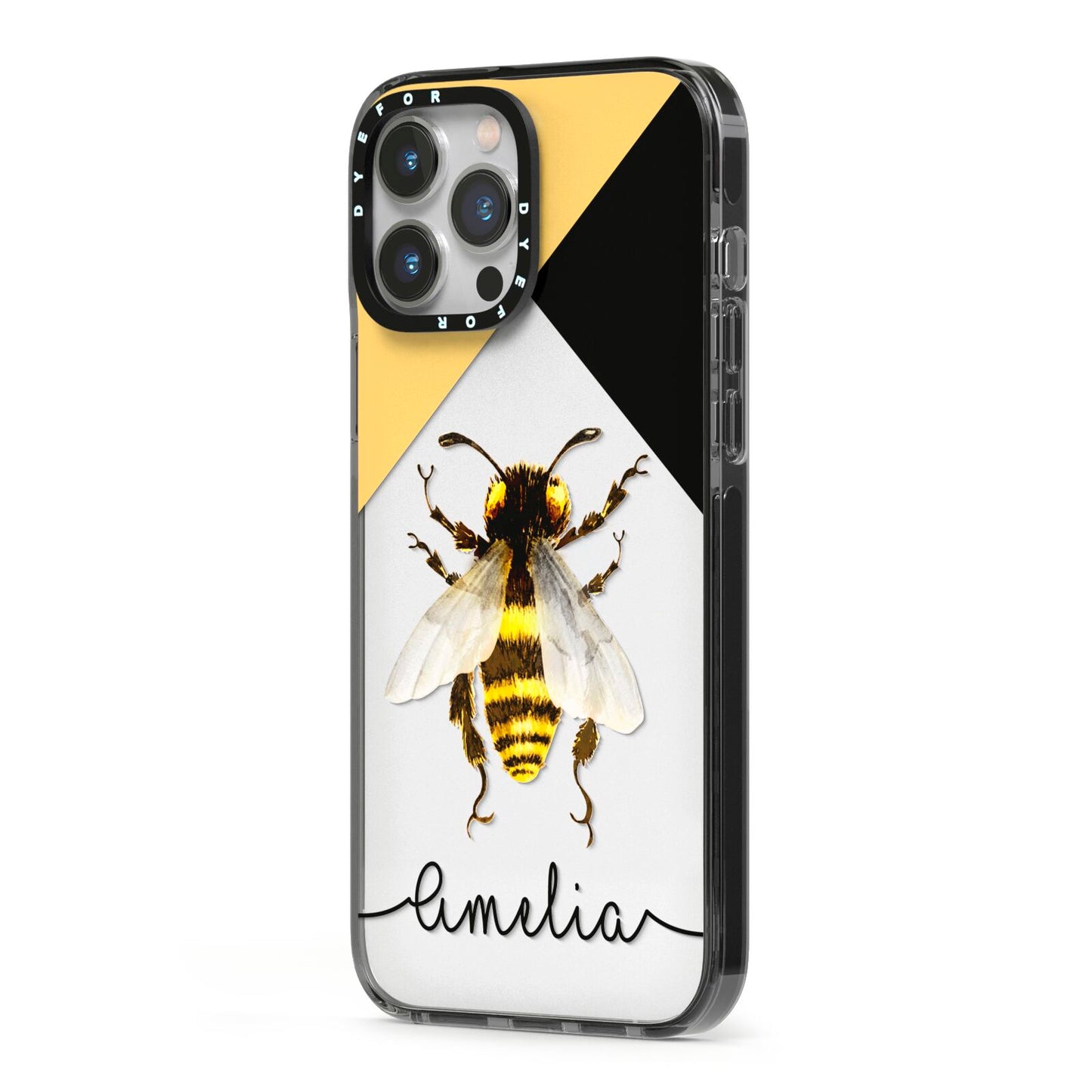 Bee Asymmetrical Background and Name iPhone 13 Pro Max Black Impact Case Side Angle on Silver phone