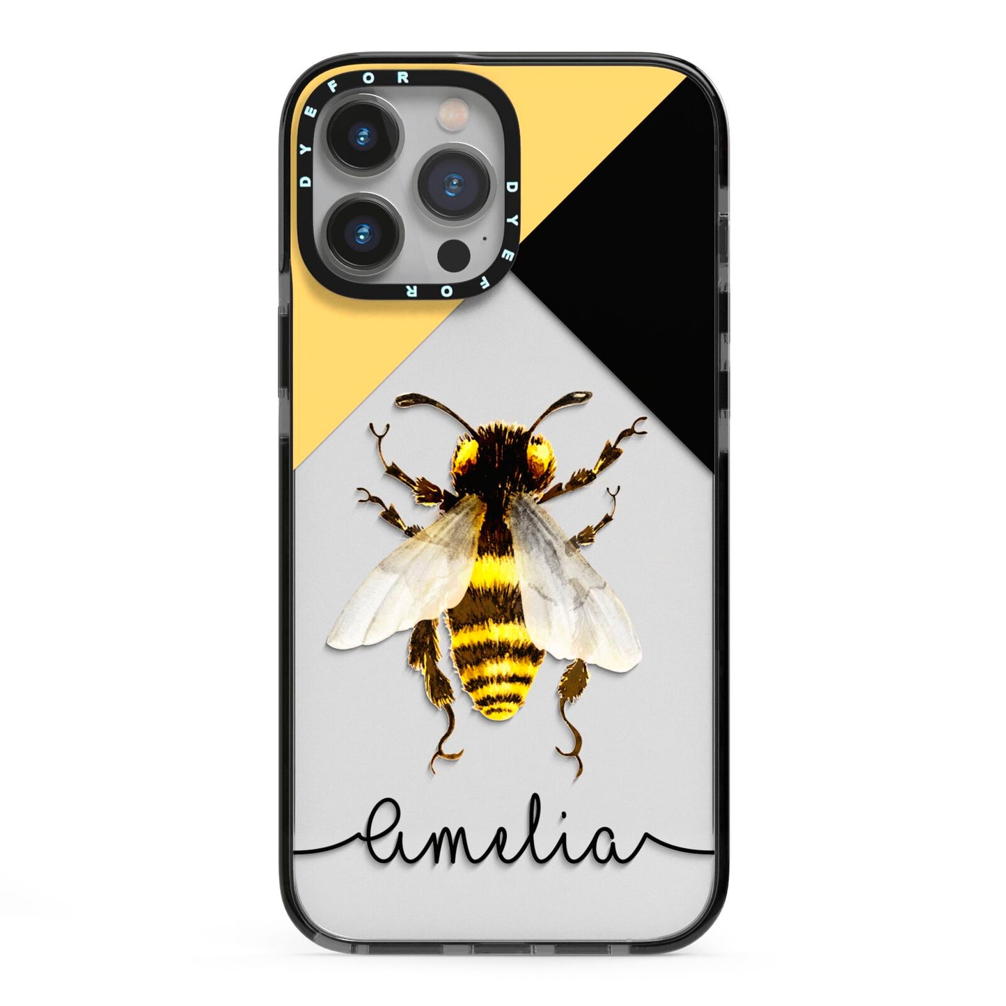 Bee Asymmetrical Background and Name iPhone 13 Pro Max Black Impact Case on Silver phone