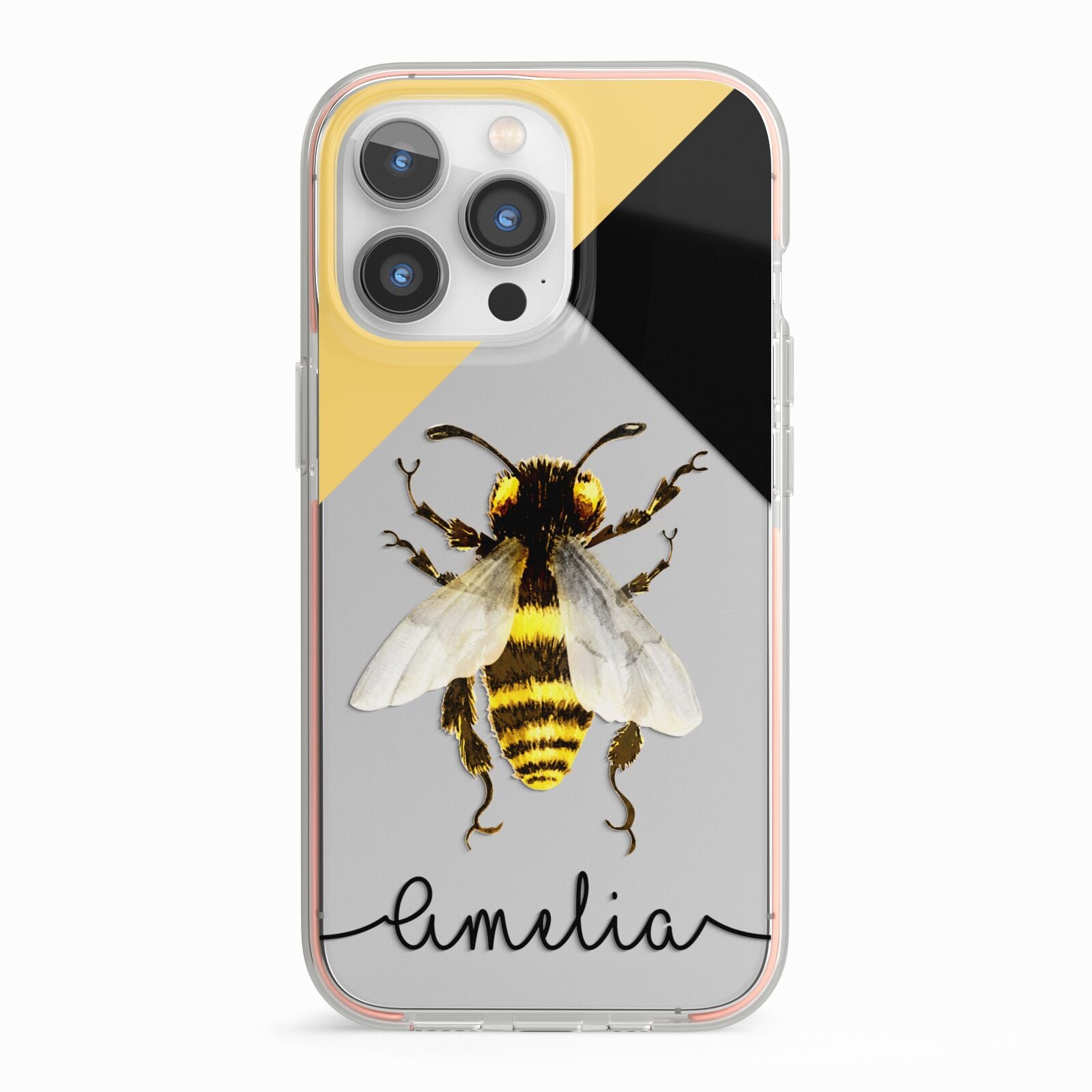 Bee Asymmetrical Background and Name iPhone 13 Pro TPU Impact Case with Pink Edges