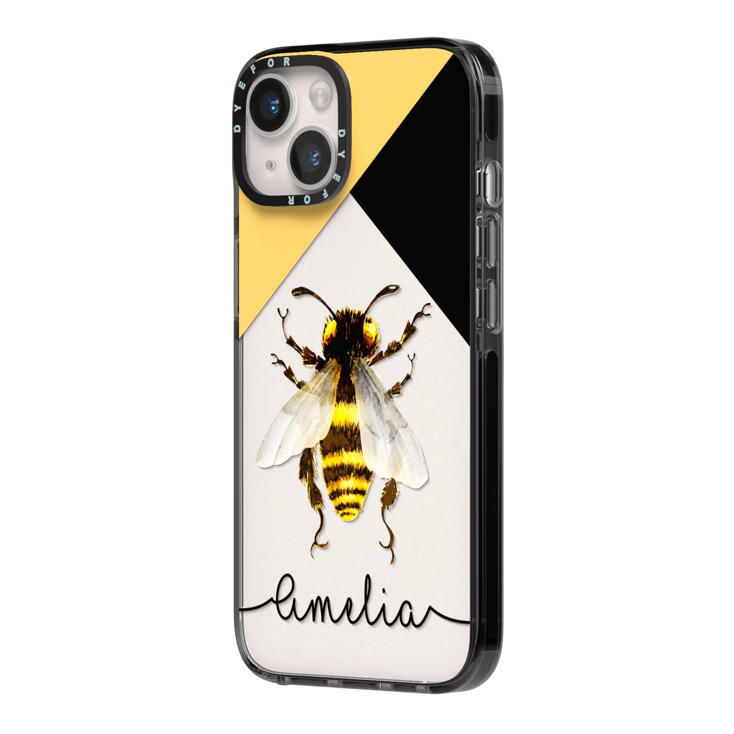 Bee Asymmetrical Background and Name iPhone 14 Black Impact Case Side Angle on Silver phone