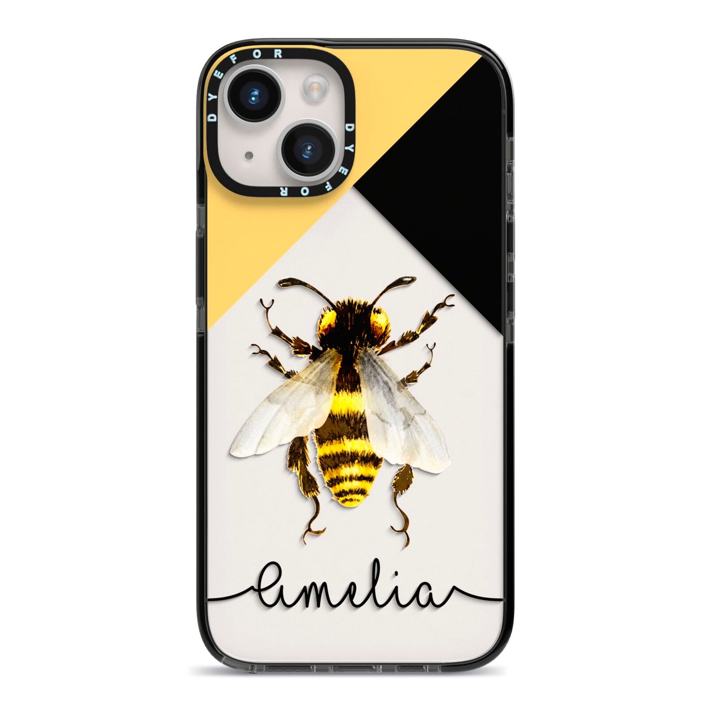 Bee Asymmetrical Background and Name iPhone 14 Black Impact Case on Silver phone