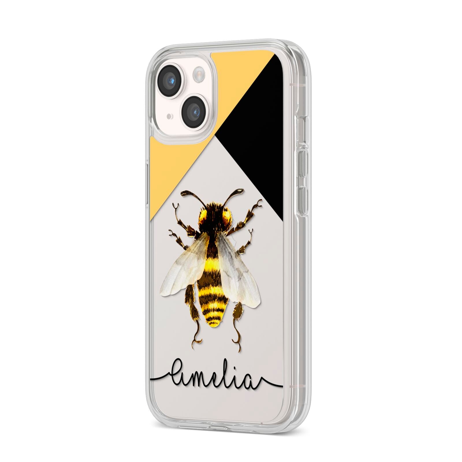 Bee Asymmetrical Background and Name iPhone 14 Clear Tough Case Starlight Angled Image