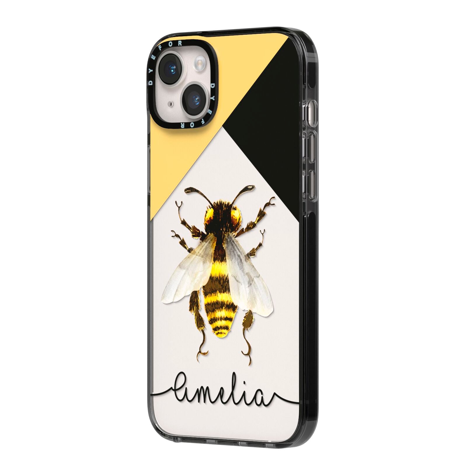 Bee Asymmetrical Background and Name iPhone 14 Plus Black Impact Case Side Angle on Silver phone