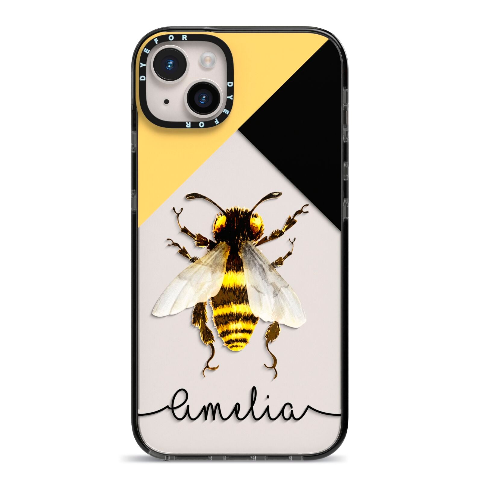 Bee Asymmetrical Background and Name iPhone 14 Plus Black Impact Case on Silver phone