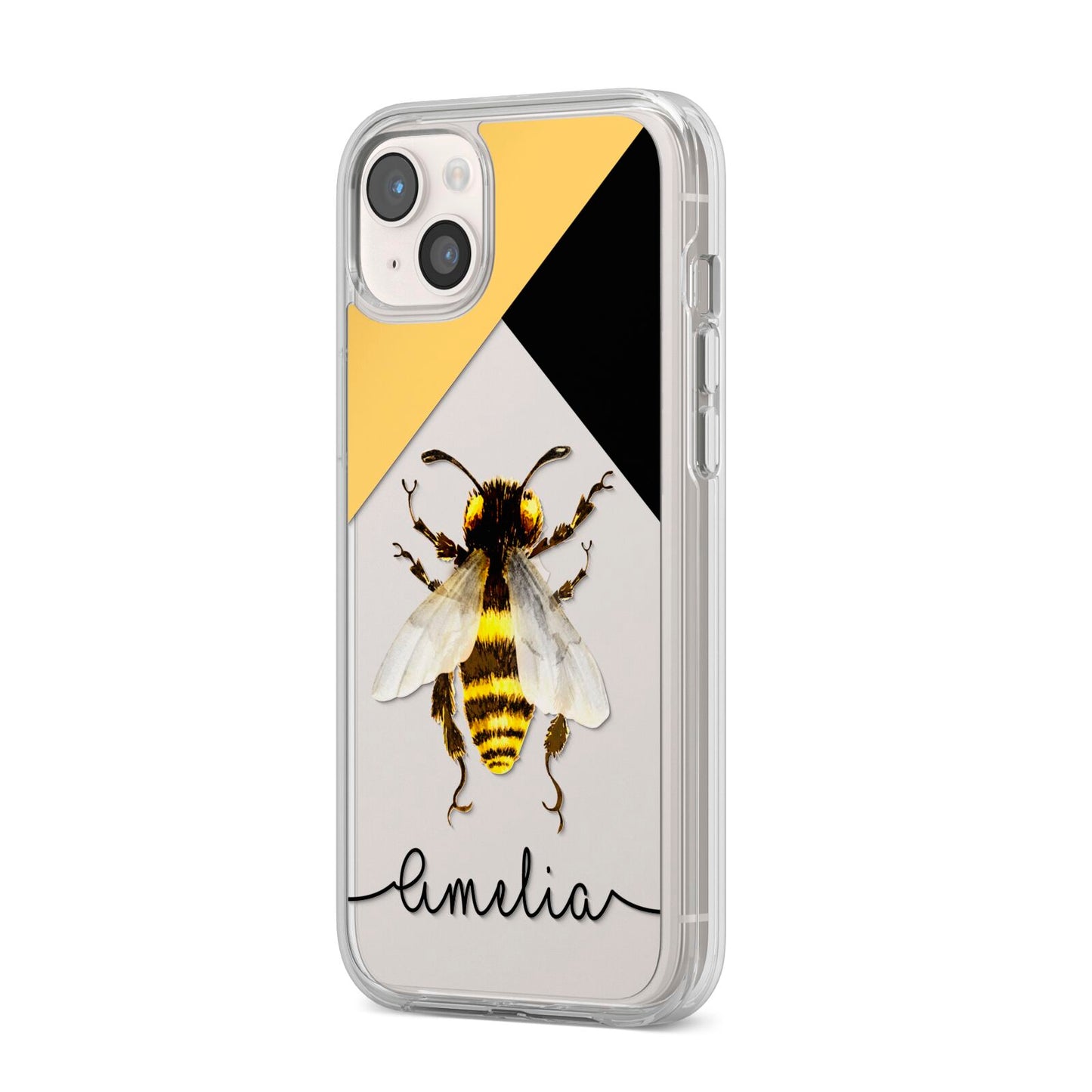 Bee Asymmetrical Background and Name iPhone 14 Plus Clear Tough Case Starlight Angled Image