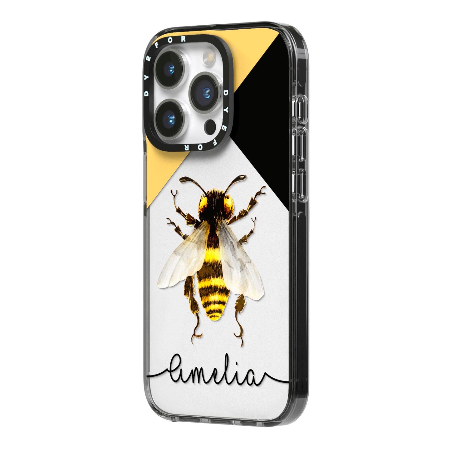 Bee Asymmetrical Background and Name iPhone 14 Pro Black Impact Case Side Angle on Silver phone