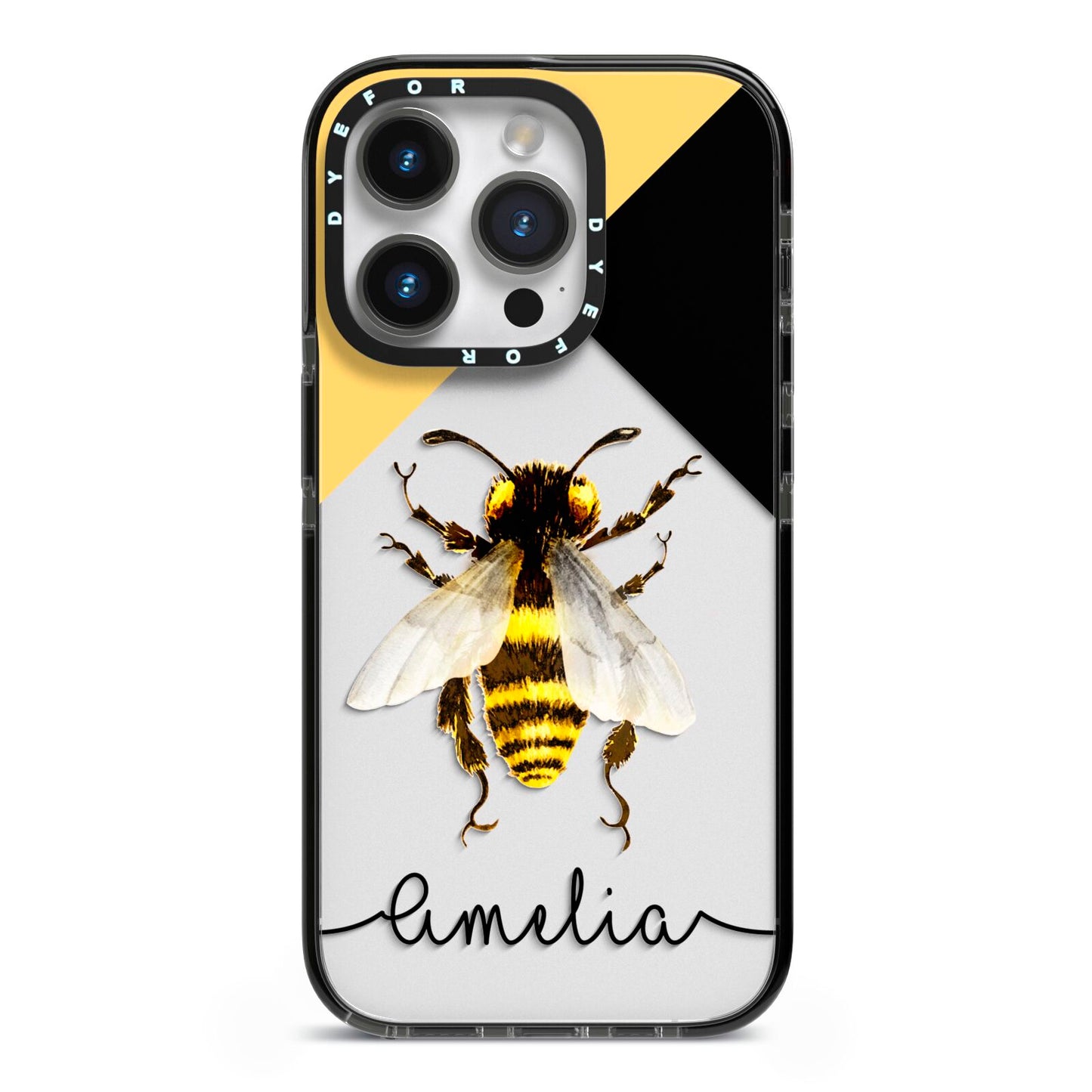 Bee Asymmetrical Background and Name iPhone 14 Pro Black Impact Case on Silver phone