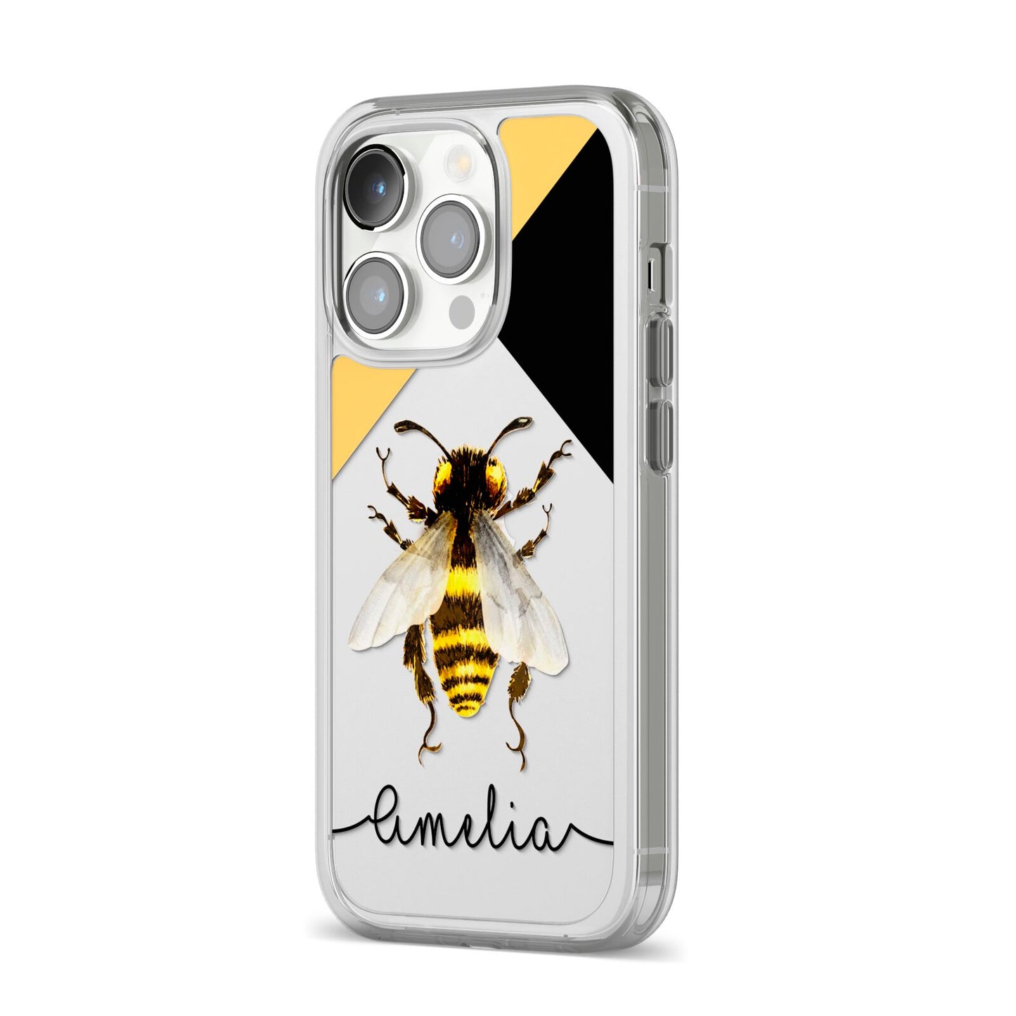 Bee Asymmetrical Background and Name iPhone 14 Pro Clear Tough Case Silver Angled Image