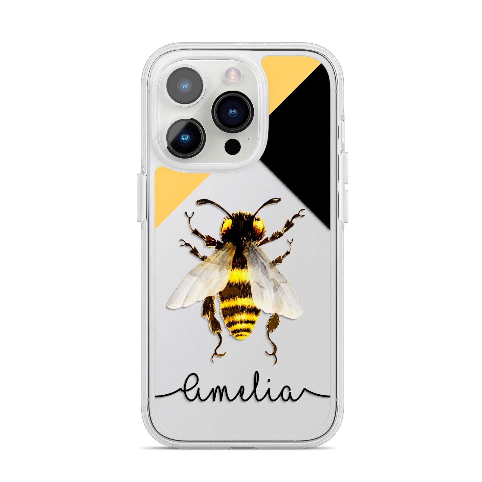 Bee Asymmetrical Background and Name iPhone 14 Pro Clear Tough Case Silver