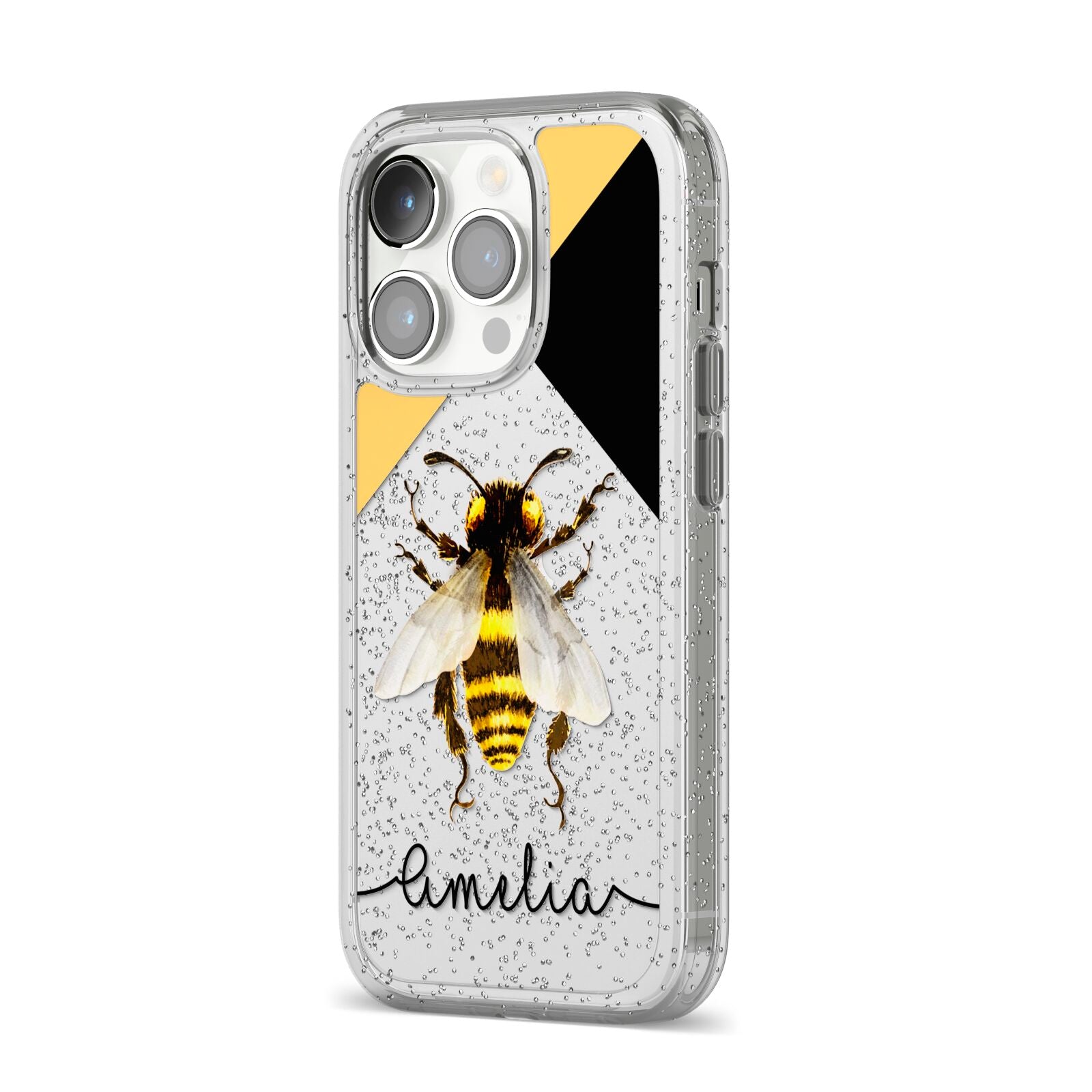 Bee Asymmetrical Background and Name iPhone 14 Pro Glitter Tough Case Silver Angled Image