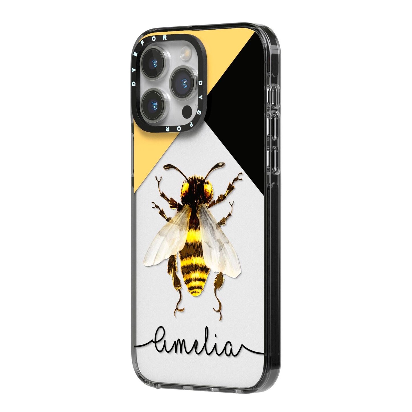 Bee Asymmetrical Background and Name iPhone 14 Pro Max Black Impact Case Side Angle on Silver phone