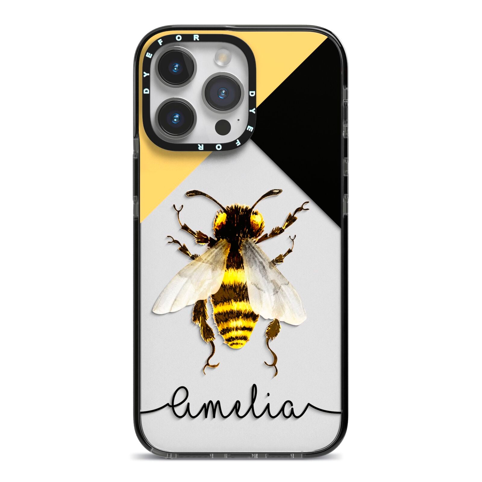 Bee Asymmetrical Background and Name iPhone 14 Pro Max Black Impact Case on Silver phone