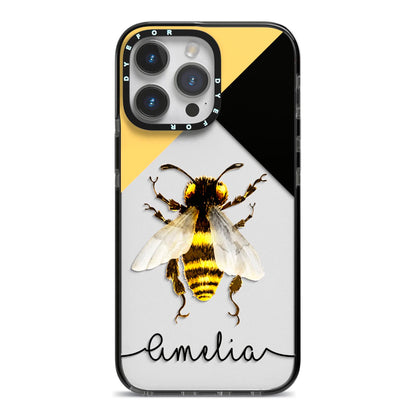 Bee Asymmetrical Background and Name iPhone 14 Pro Max Black Impact Case on Silver phone