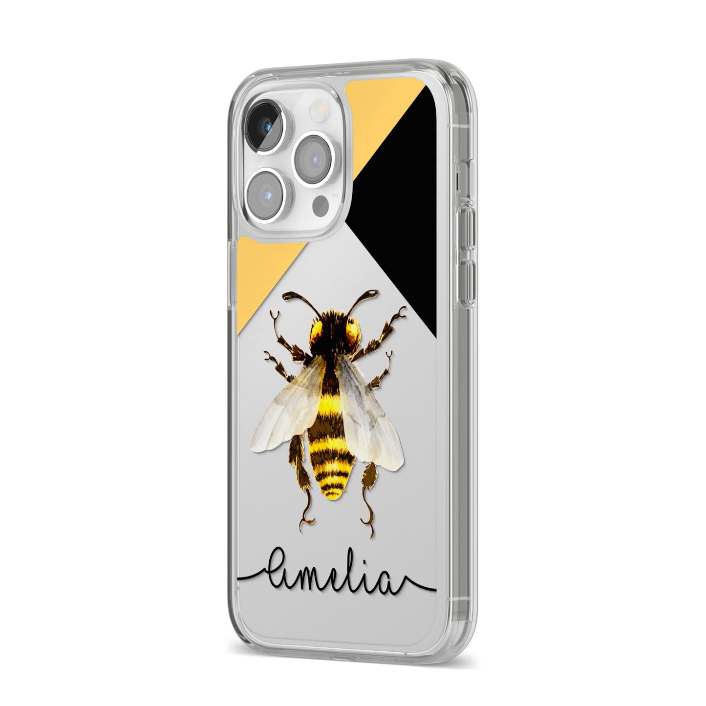 Bee Asymmetrical Background and Name iPhone 14 Pro Max Clear Tough Case Silver Angled Image