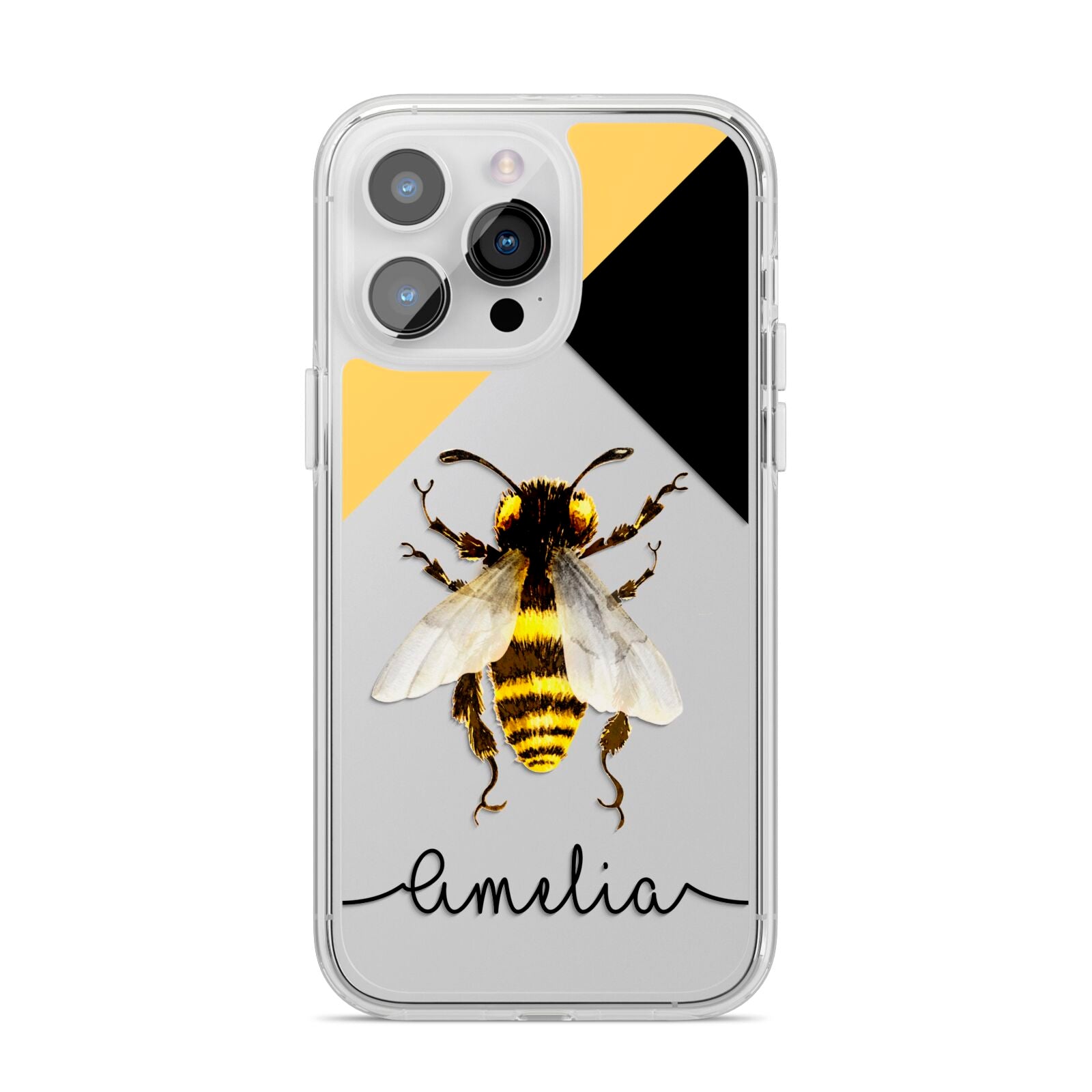 Bee Asymmetrical Background and Name iPhone 14 Pro Max Clear Tough Case Silver