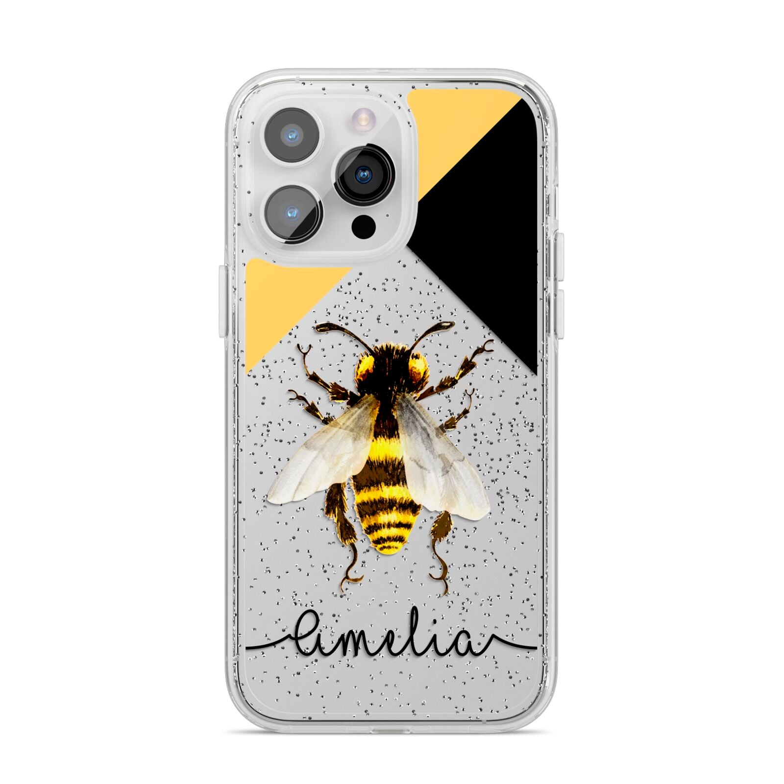 Bee Asymmetrical Background and Name iPhone 14 Pro Max Glitter Tough Case Silver