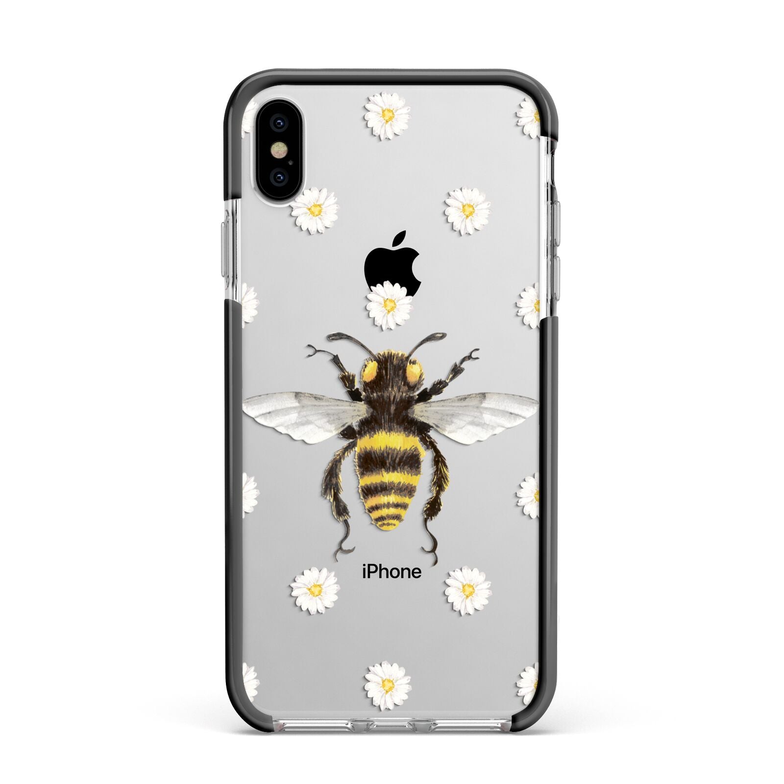 Bee Illustration with Daisies Apple iPhone Xs Max Impact Case Black Edge on Silver Phone