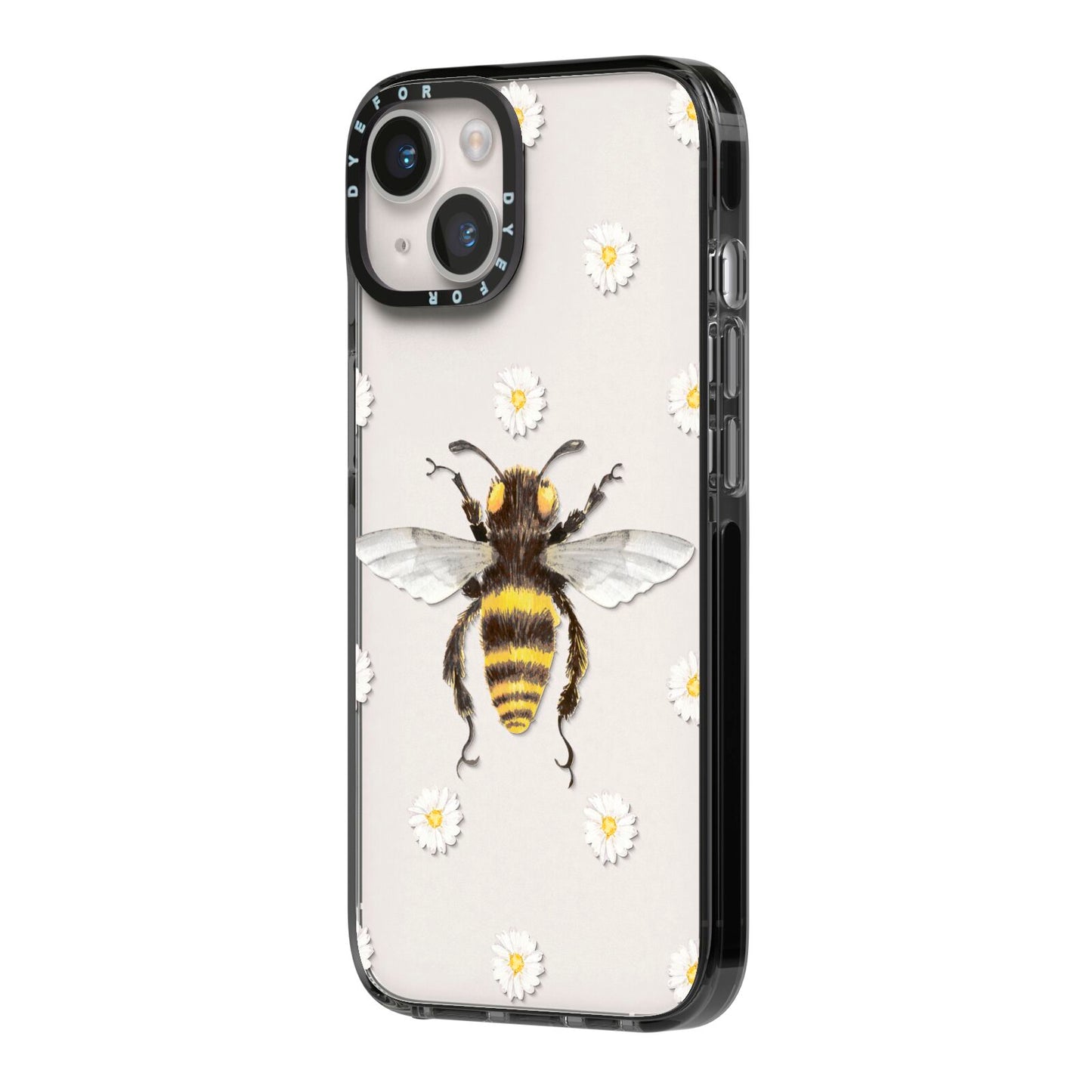 Bee Illustration with Daisies iPhone 14 Black Impact Case Side Angle on Silver phone