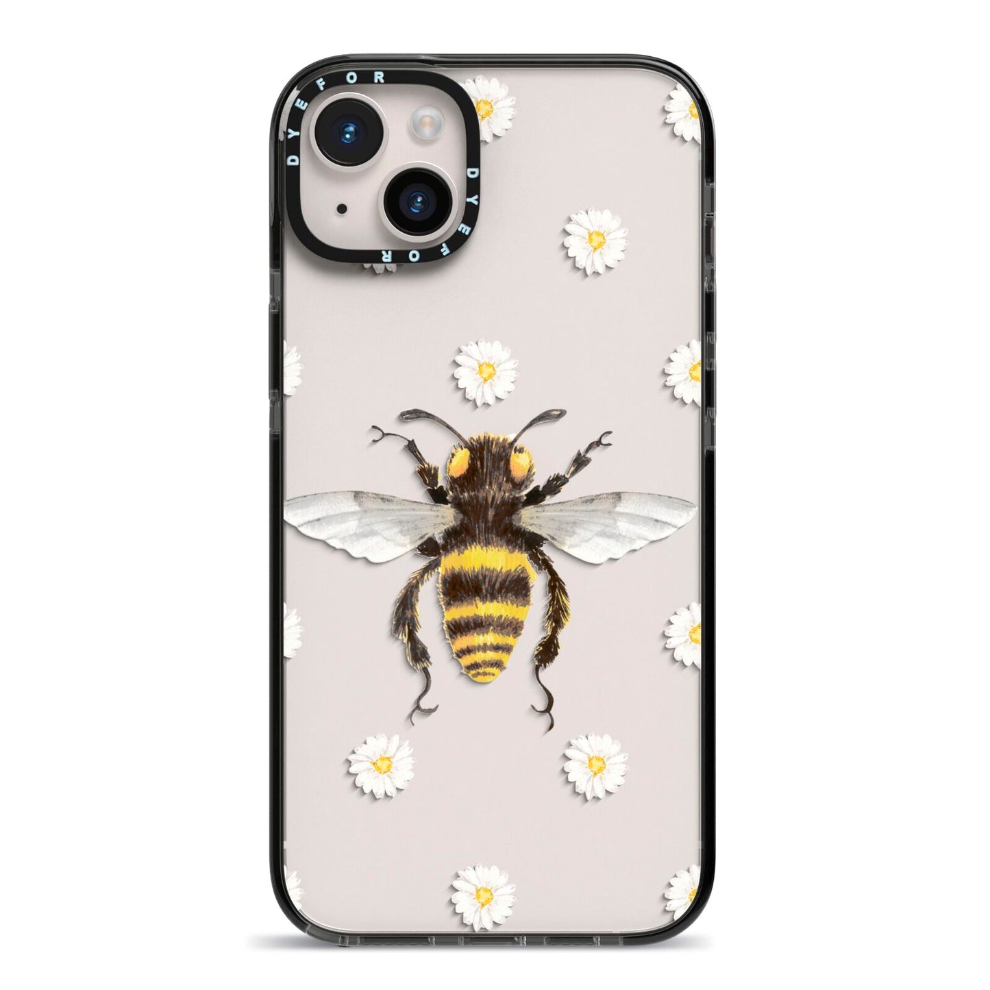 Bee Illustration with Daisies iPhone 14 Plus Black Impact Case on Silver phone