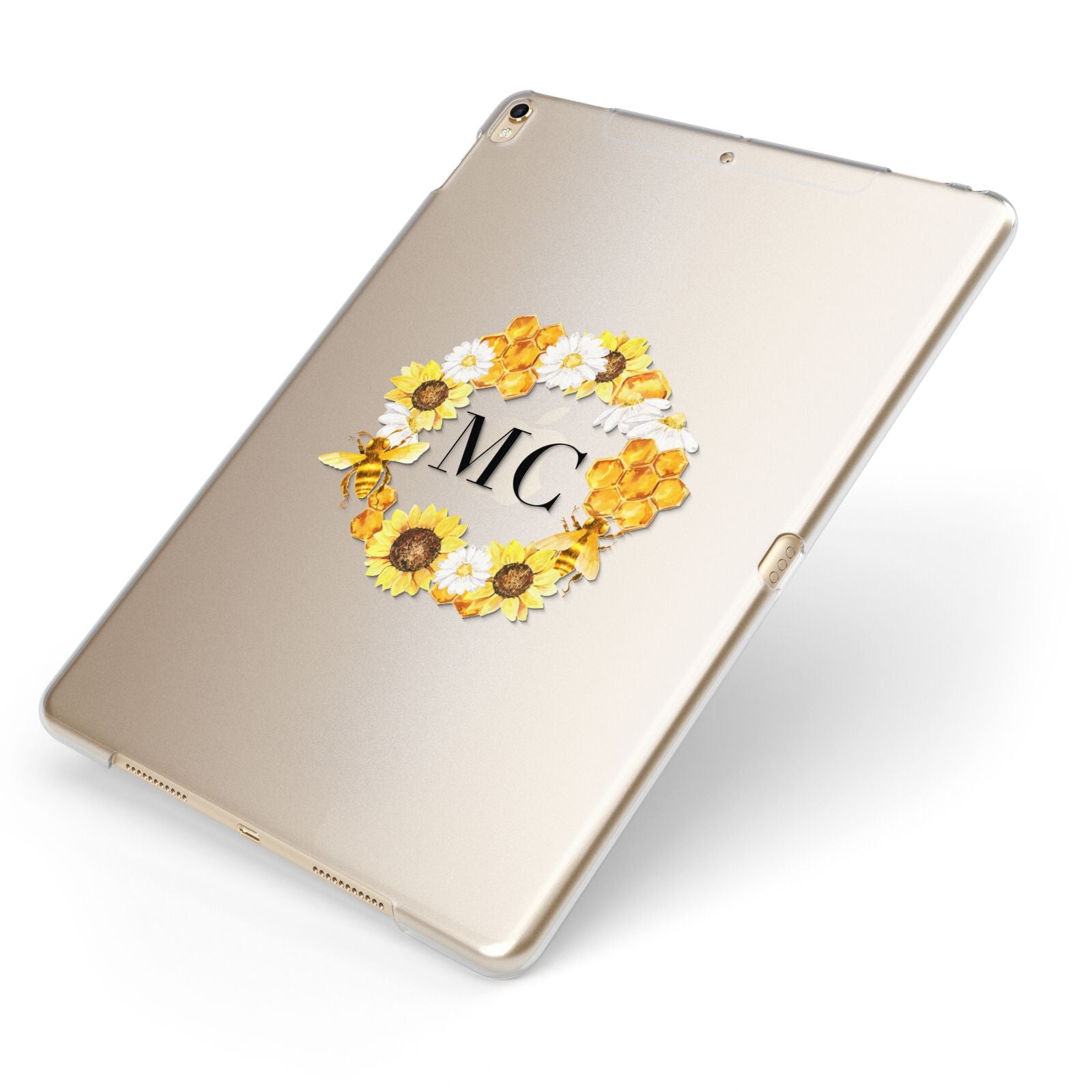 Bee Sunflower Wreath Personalised Initials Apple iPad Case on Gold iPad Side View