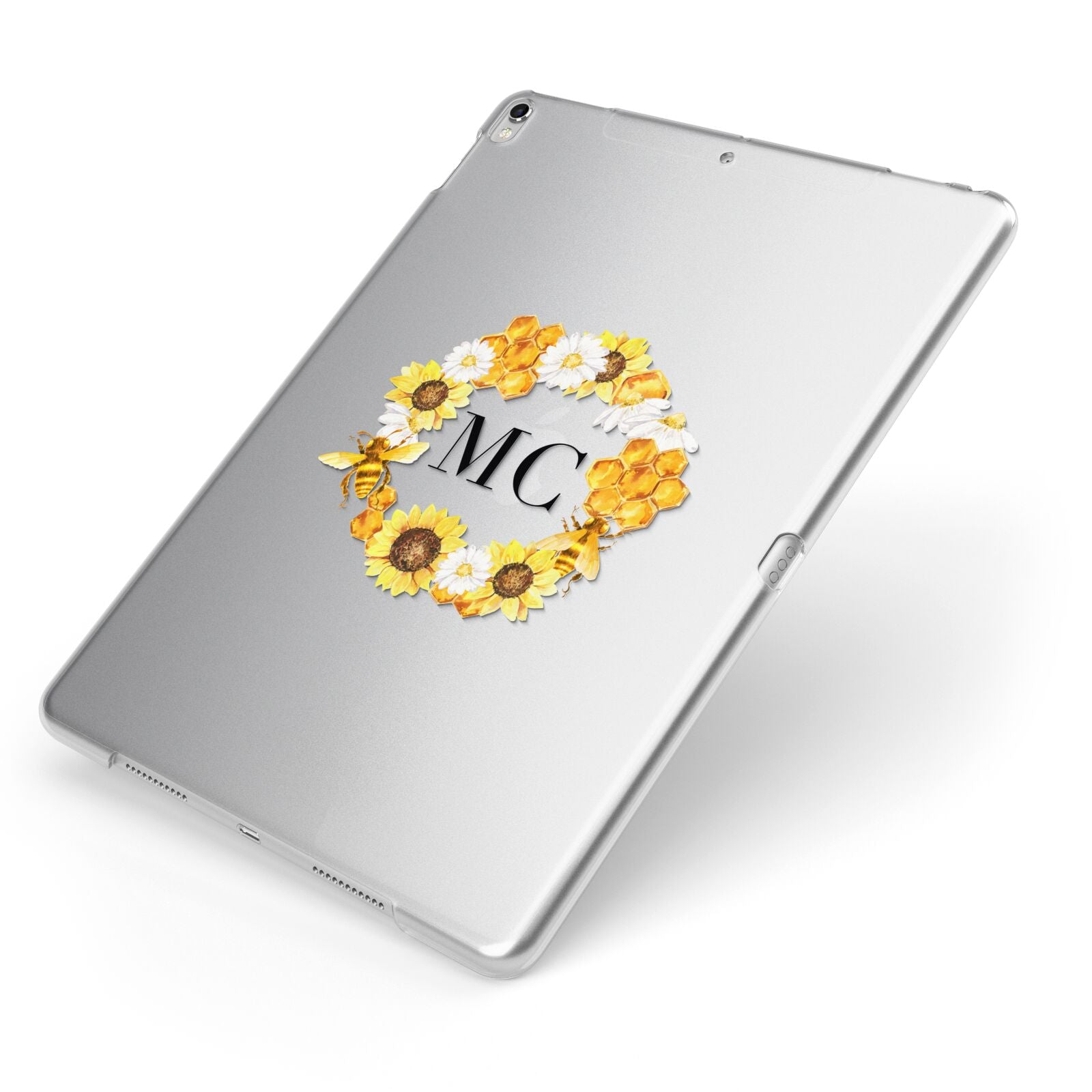 Bee Sunflower Wreath Personalised Initials Apple iPad Case on Silver iPad Side View