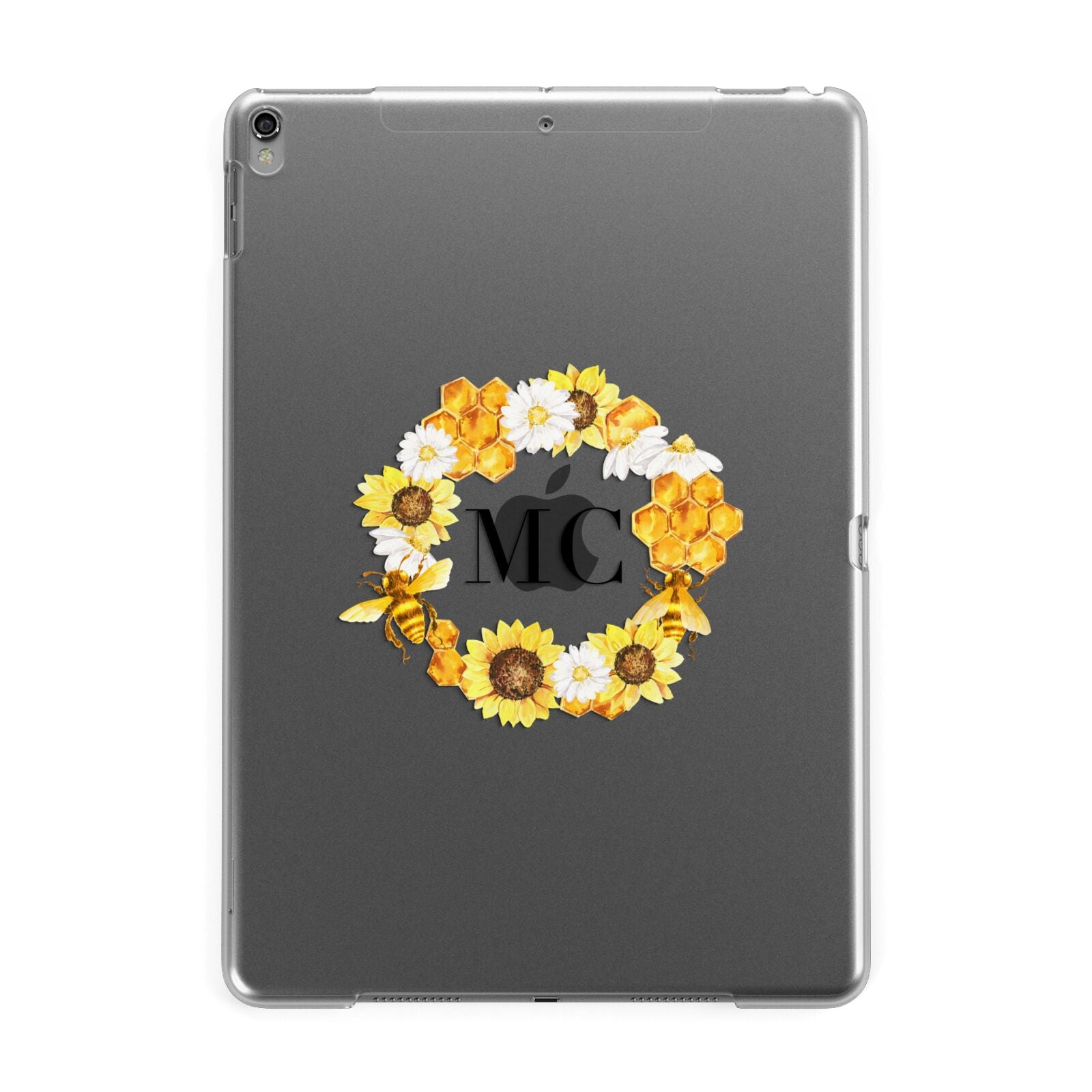 Bee Sunflower Wreath Personalised Initials Apple iPad Grey Case