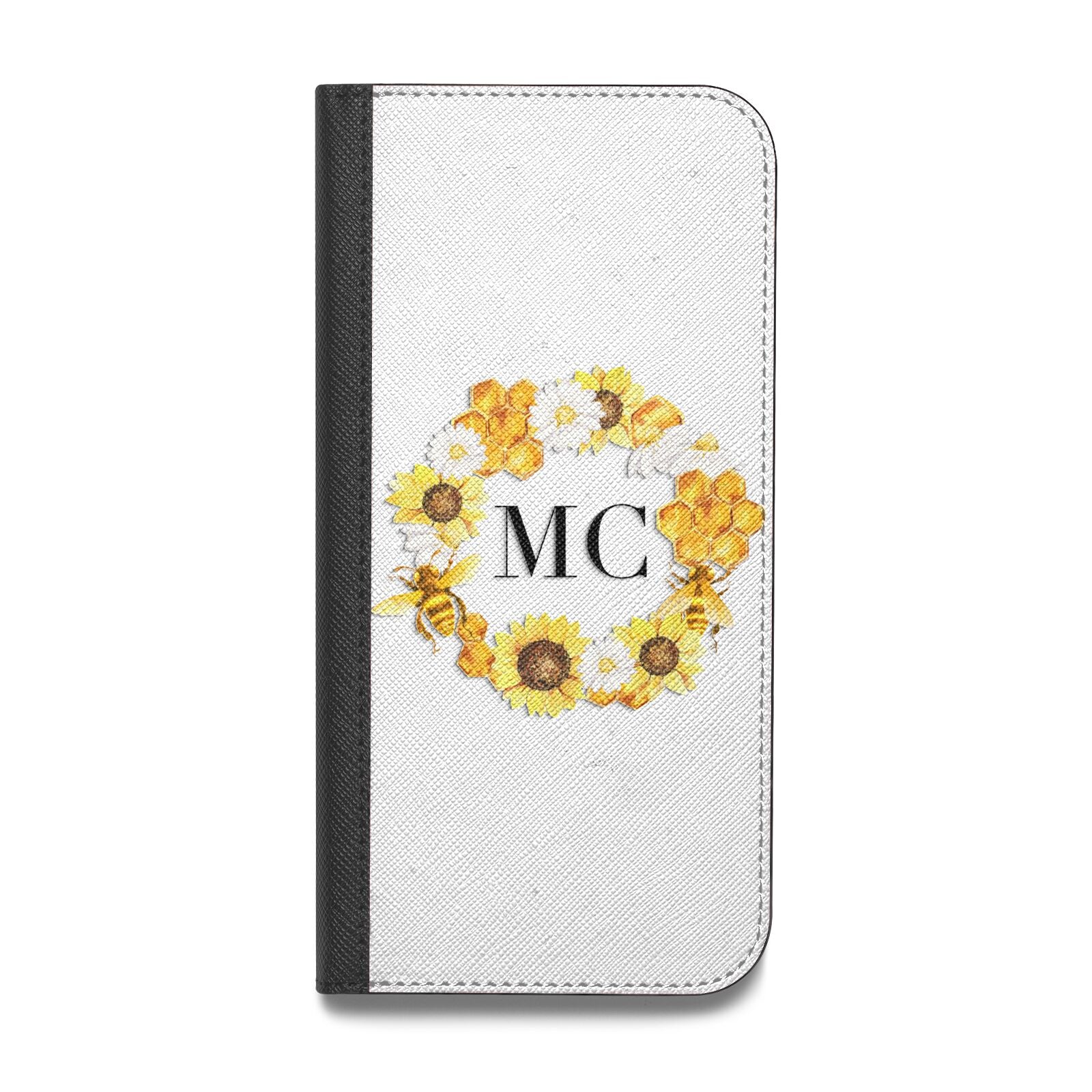 Bee Sunflower Wreath Personalised Initials Vegan Leather Flip iPhone Case