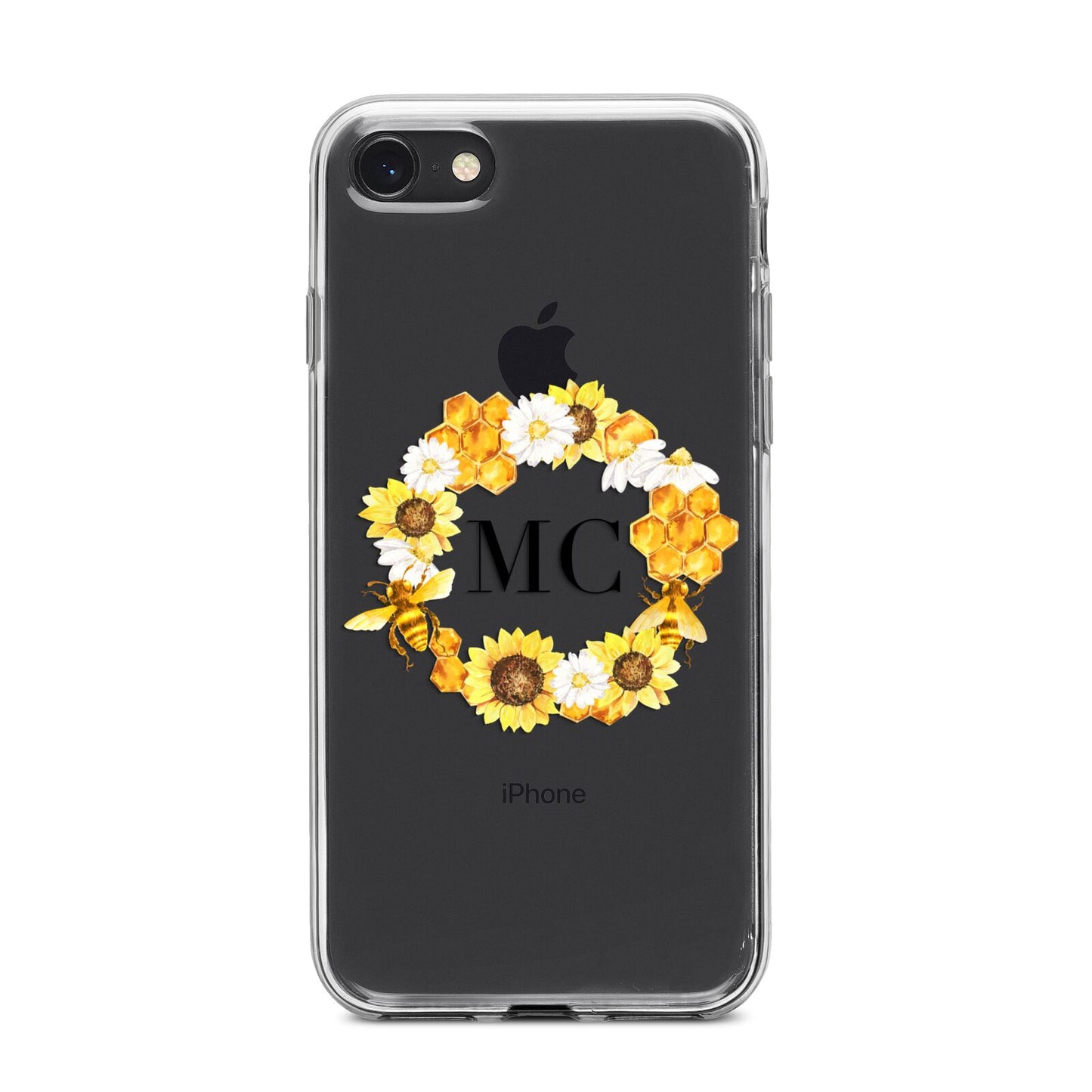 Bee Sunflower Wreath Personalised Initials iPhone 8 Bumper Case on Black iPhone