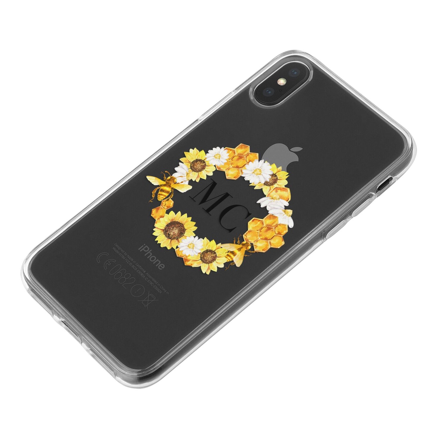 Bee Sunflower Wreath Personalised Initials iPhone X Bumper Case on Black iPhone