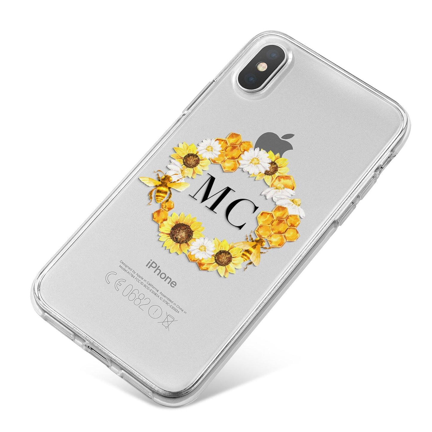 Bee Sunflower Wreath Personalised Initials iPhone X Bumper Case on Silver iPhone