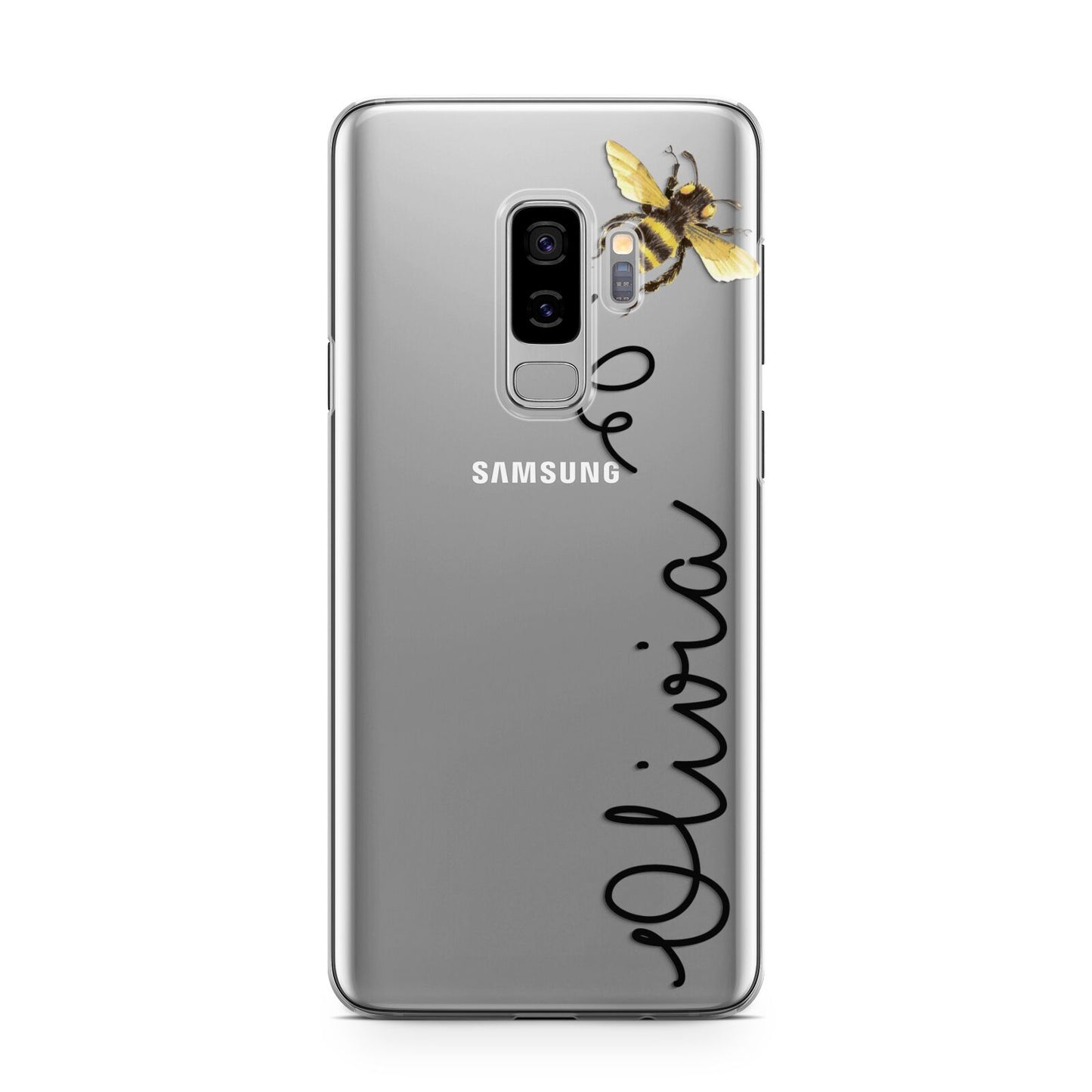 Bee in Flight Personalised Name Samsung Galaxy S9 Plus Case on Silver phone