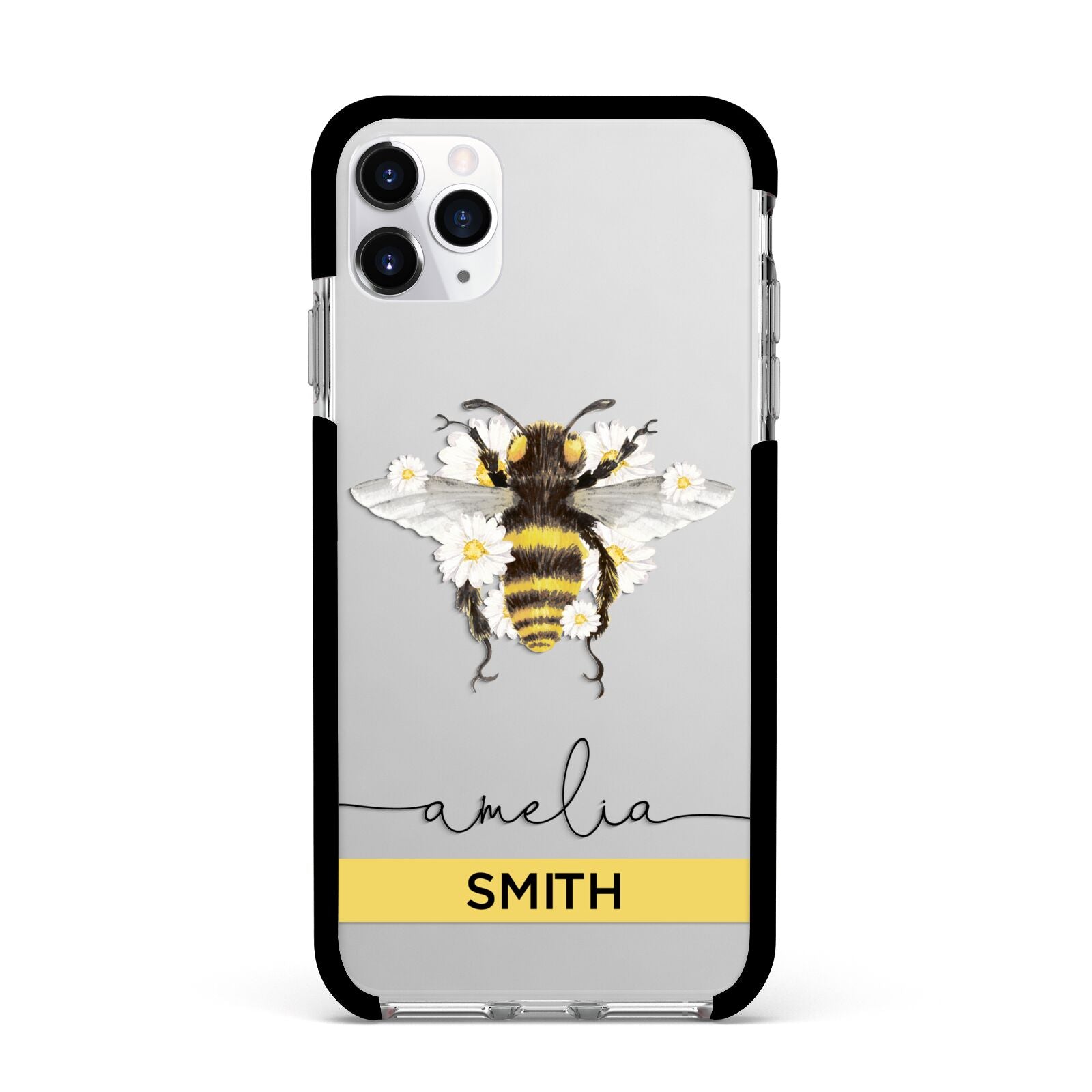 Bees Daisies Personalised Names Apple iPhone 11 Pro Max in Silver with Black Impact Case