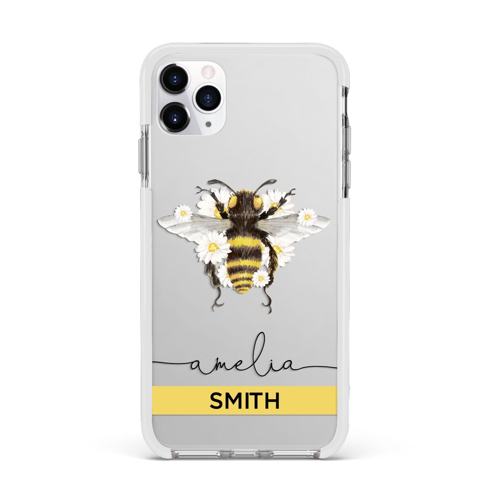 Bees Daisies Personalised Names Apple iPhone 11 Pro Max in Silver with White Impact Case