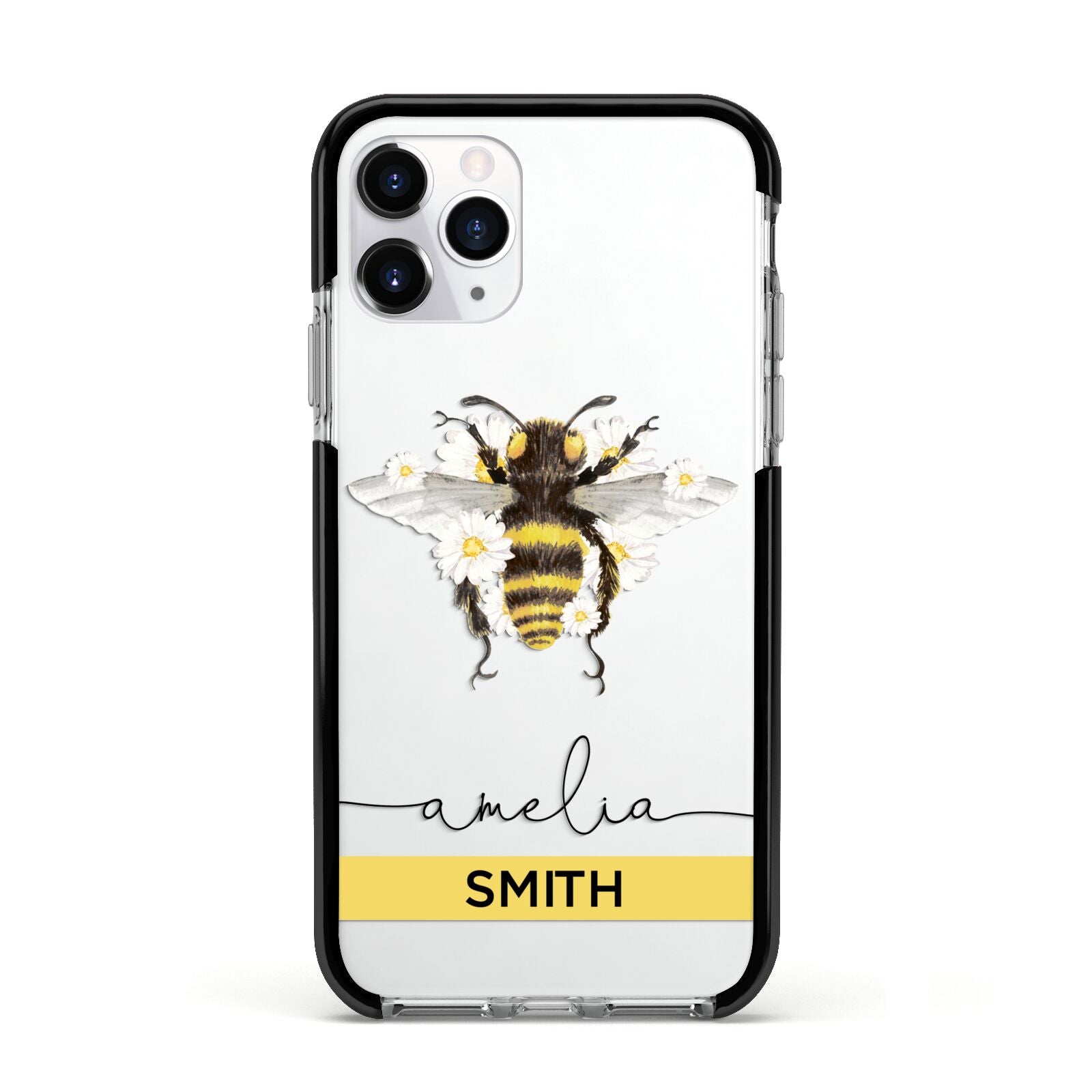 Bees Daisies Personalised Names Apple iPhone 11 Pro in Silver with Black Impact Case